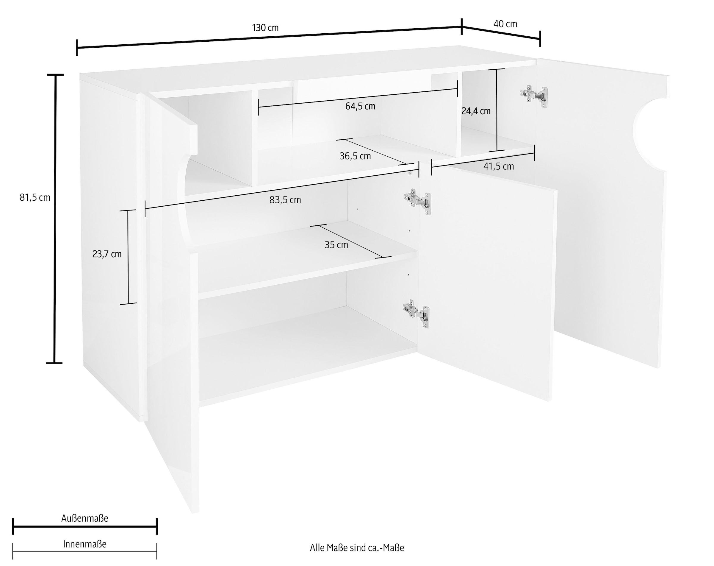 INOSIGN Sideboard »Real,Vitrine,Kommode,Schrank,Breite 130 cm komplett hochglanz lackiert«, mit 3Türen davon 2 abgerundet, die ein ovales offenes Fach bilden