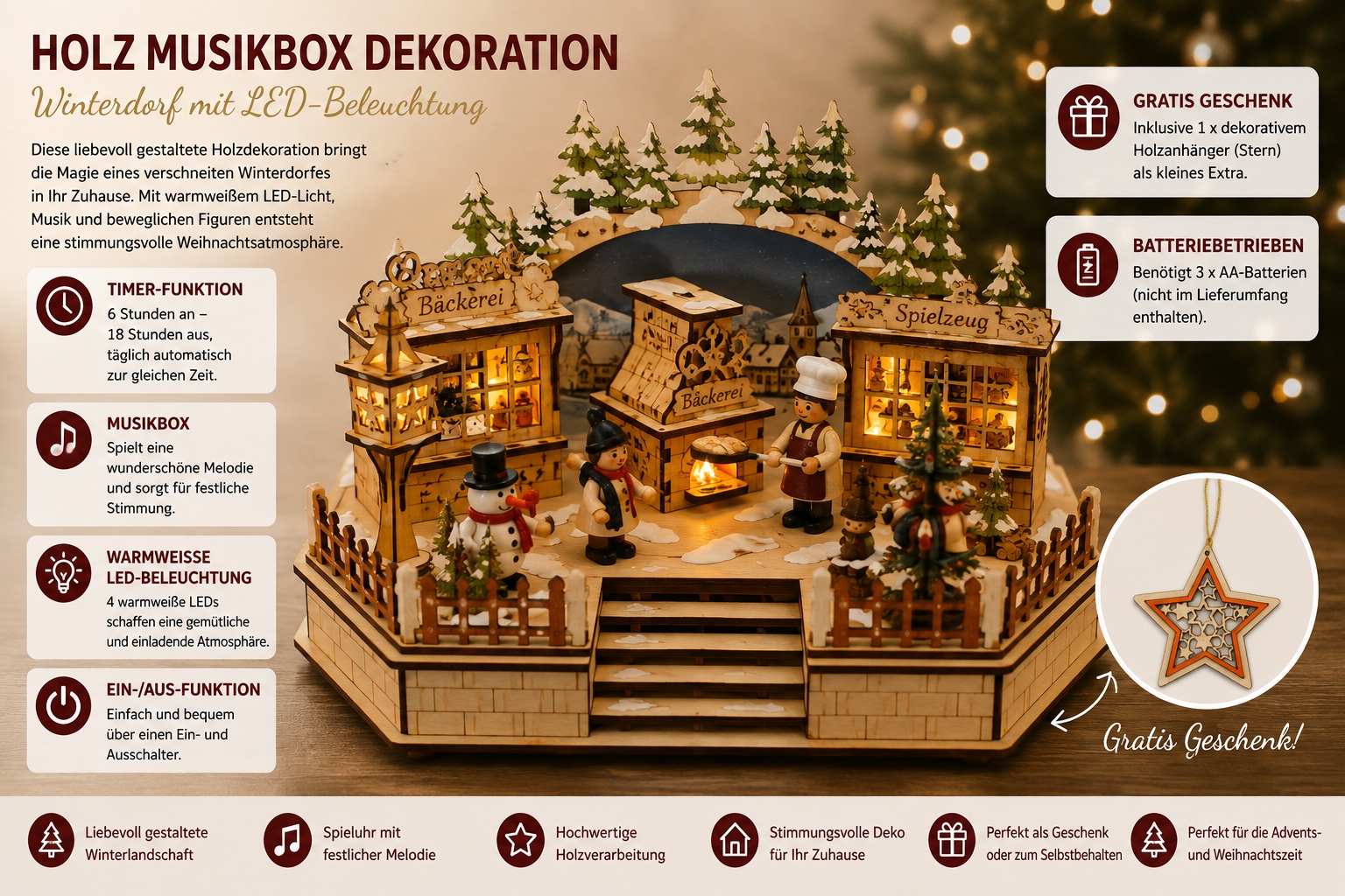 OTTO home Spieluhr »LED Weihnachtsdorf, 1 Stück« Weihnachtsdorf aus Holz mit LED, Gratis-Hänger, 6h-Lichttimer