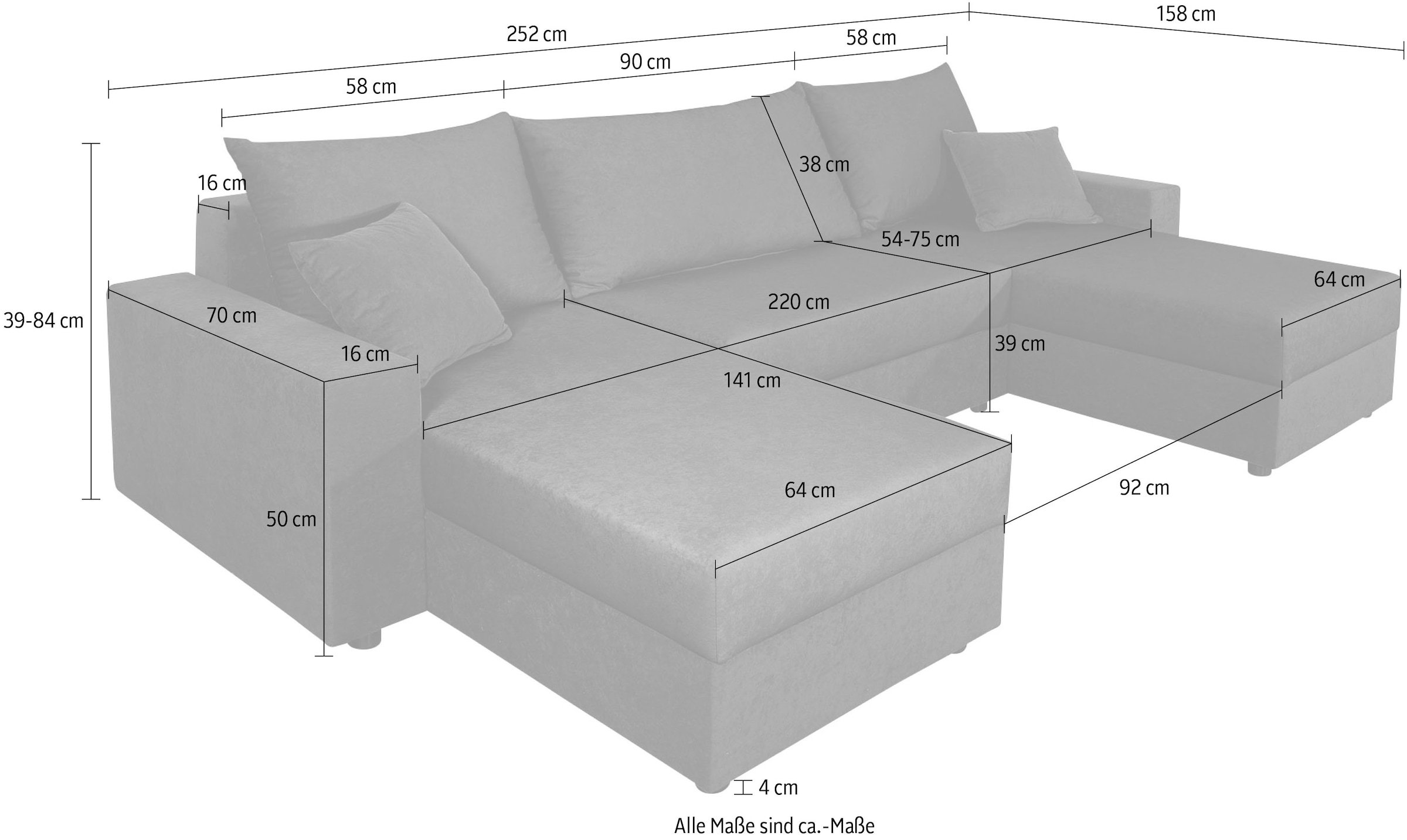 COLLECTION AB Wohnlandschaft »Pico U-Form, Breite 252, mit Schlaffunktion, Bettkasten & Zierkissen«, Wohnlandschaft,2 X Ottomane,Polyätherschaum Polsterung
