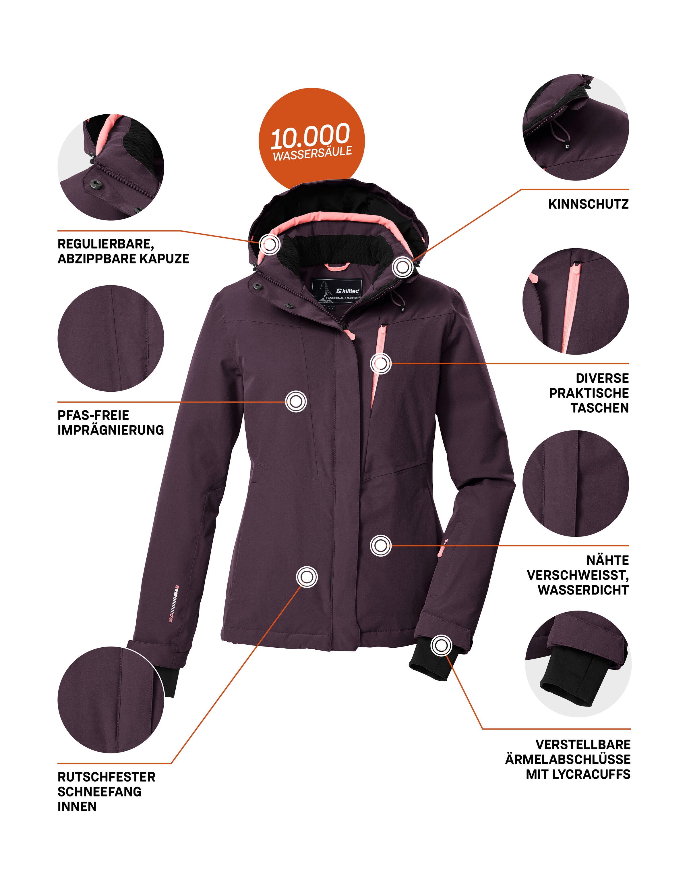 Killtec Skijacke »KSW 25 WMN SKI JCKT«, Atmungsaktive, wasserdichte Skijacke mit abnehmbarer Kapuze