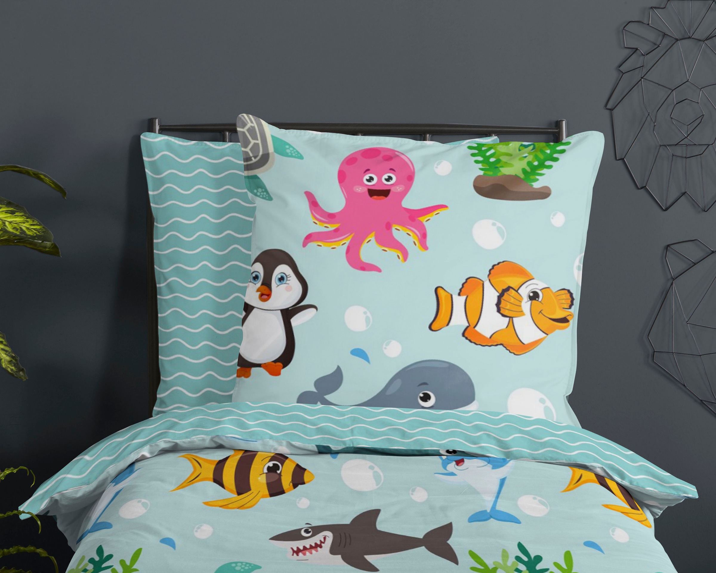 good morning Kinderbettwäsche »Sea«, Baumwolle, 135x200, Reißverschluss, Wende, Kind, Meer, Tier, Türkis