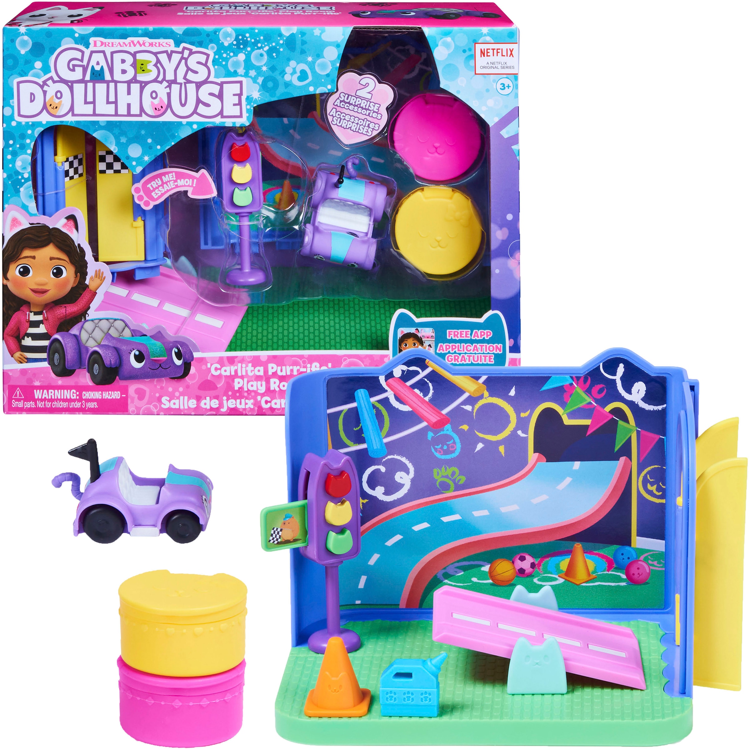 Spin Master Spielwelt »Gabby's Dollhouse – Deluxe Room – Carlita's Spielzimmer«, Spielzimmer mit Carlita Auto, Möbelstücken und thematischem Zubehör