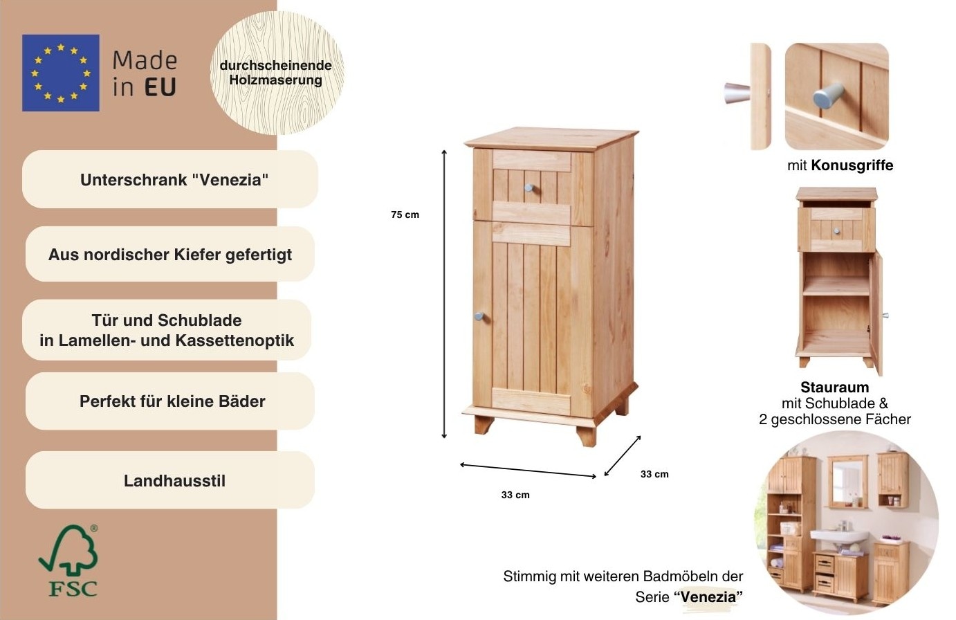 welltime Unterschrank »Venezia Landhaus« Badmöbel, aus massiver Kiefer, 1 Tür, 1 Schublade, Breite 33 cm