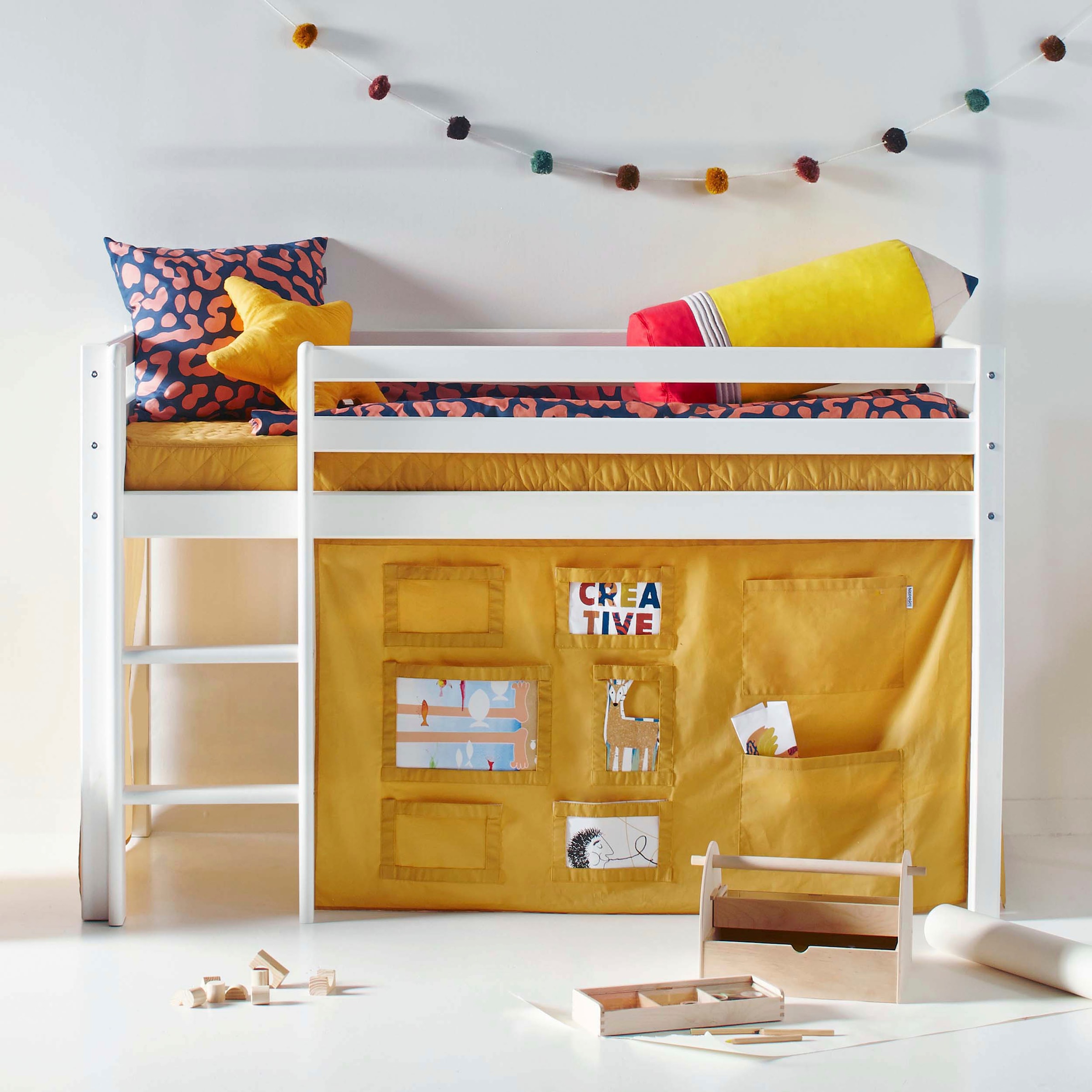 Hoppekids Hochbett »ECO Dream, Kinderbett, Spielbett, Halbhohes Bett aus Massivholz«, inkl. Vorhang-Set Creator, Bettgröße & Matratze wählbar