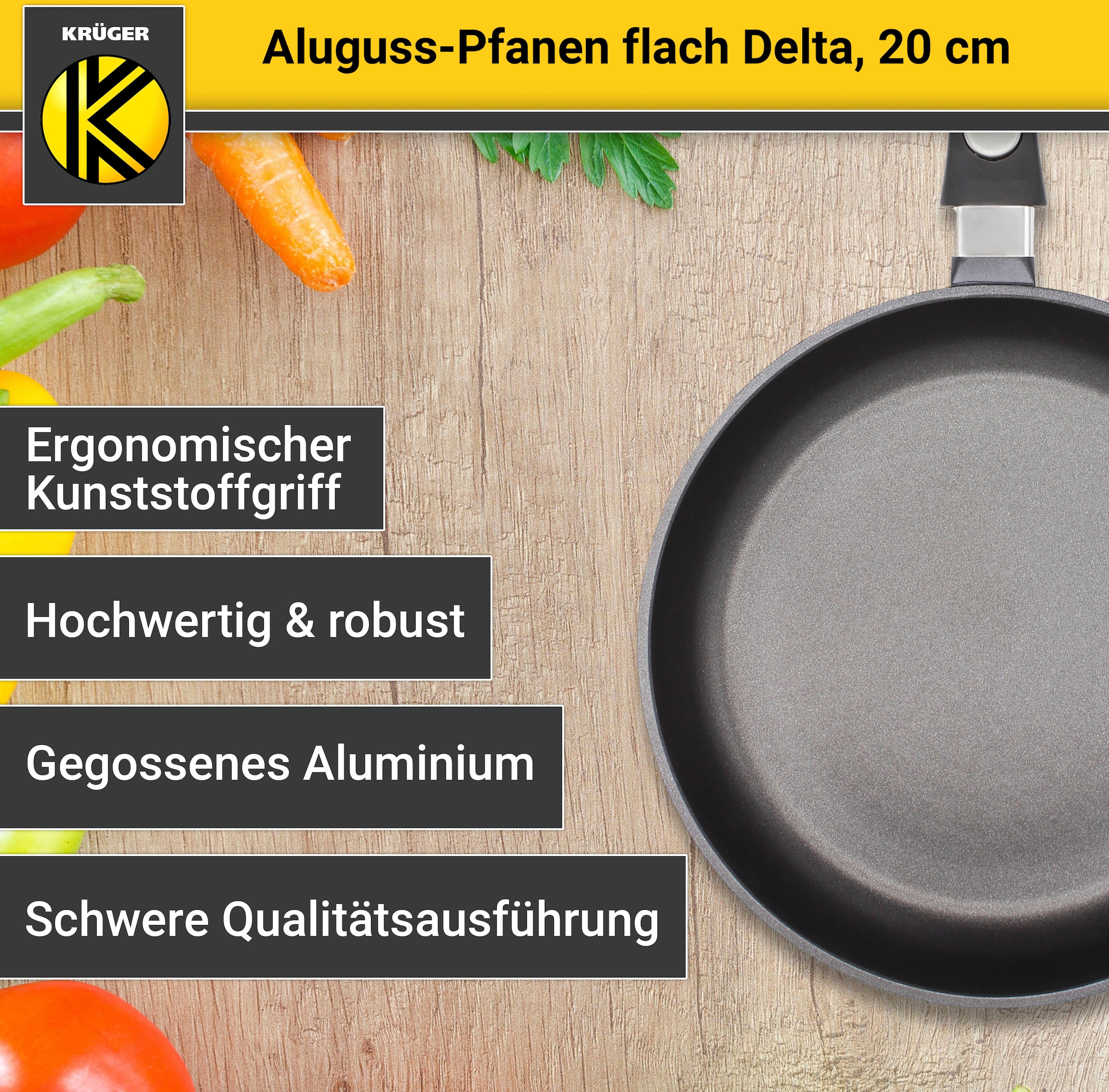 Krüger Bratpfanne »Aluguss Pfanne flach DELTA« Aluminiumguss 1 Stk. tlg. für Induktions-Kochfelder geeignet