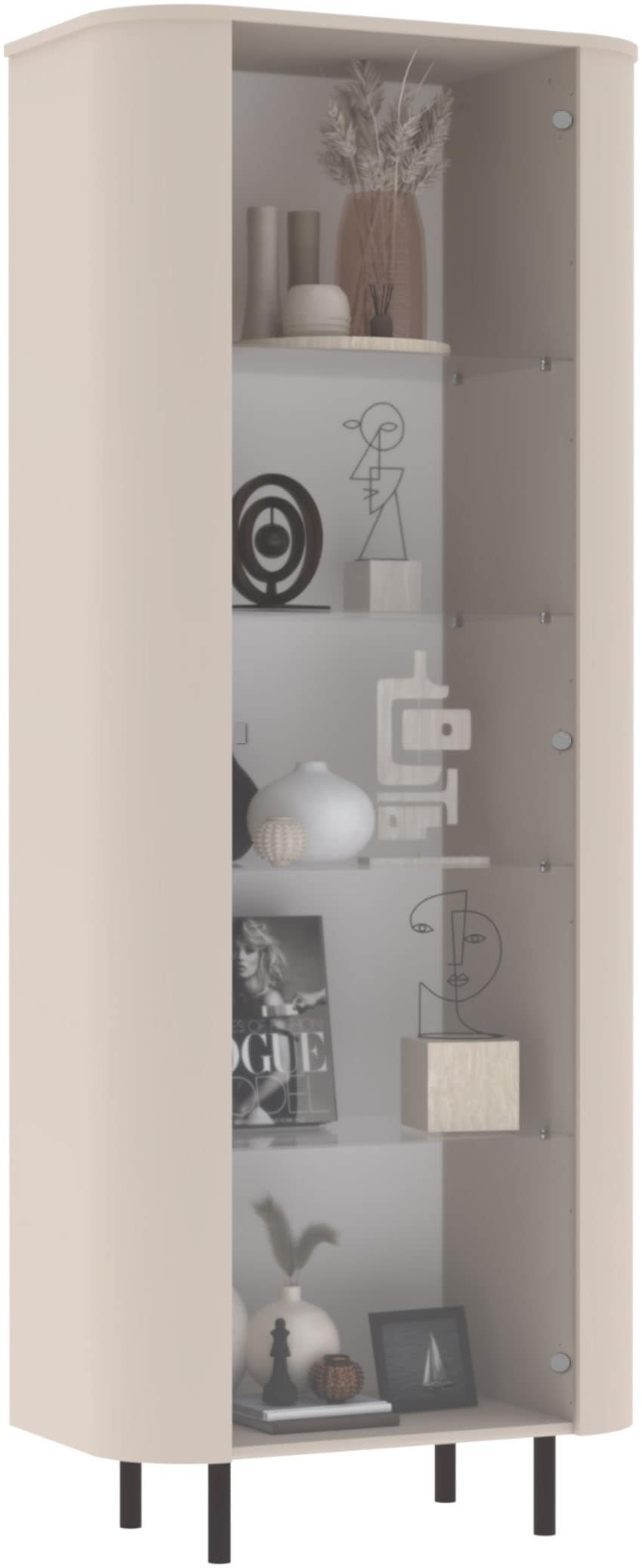INOSIGN Vitrine »Lido, Standvitrine 200 cm hoch, 1 Tür, Glasvitrine, Vitrinenschrank« Gebogenes MDF, Stirnseiten mit Rundung, Metallfüße, dekorativ & edel
