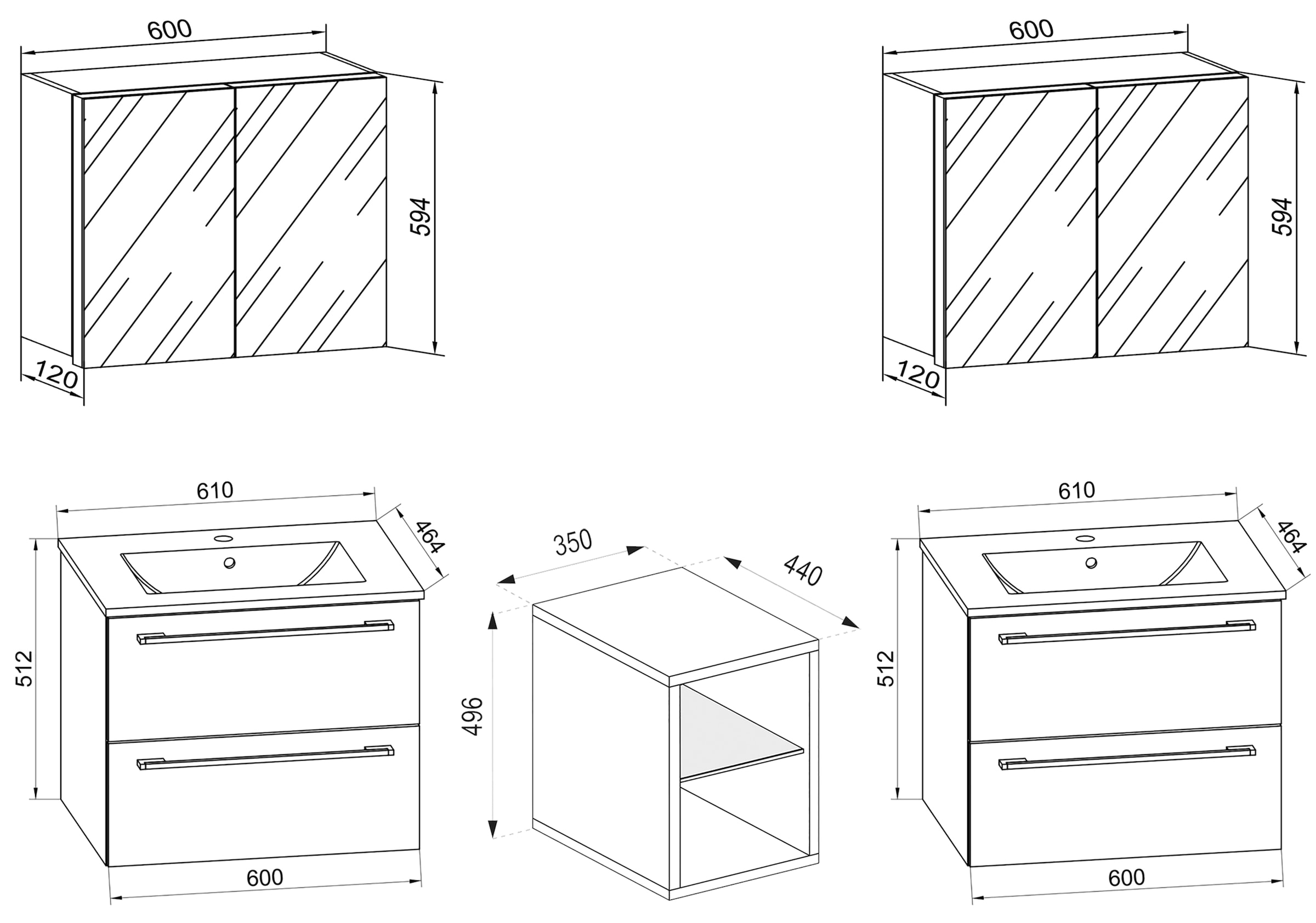 VCM Waschtisch »3-tlg. Doppel Waschplatz Waschtisch Badinos XXL« 3 Stk. tlg.