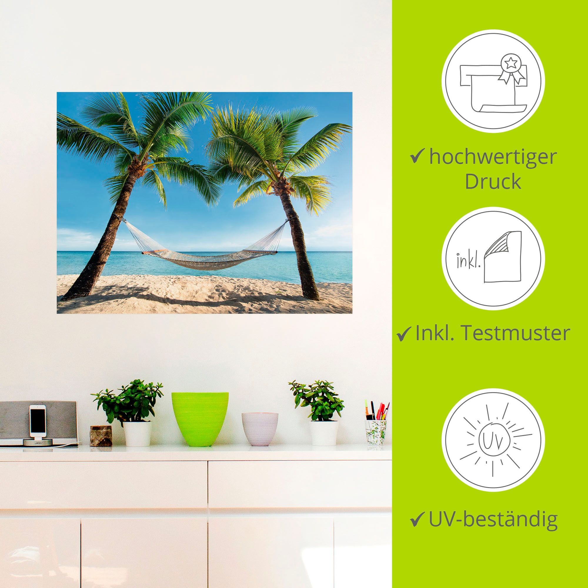 Artland Wandbild »Palmenstrand Karibik mit Hängematte«, Amerika, (1 St.), als Leinwandbild, Poster, Wandaufkleber in verschied. Größen