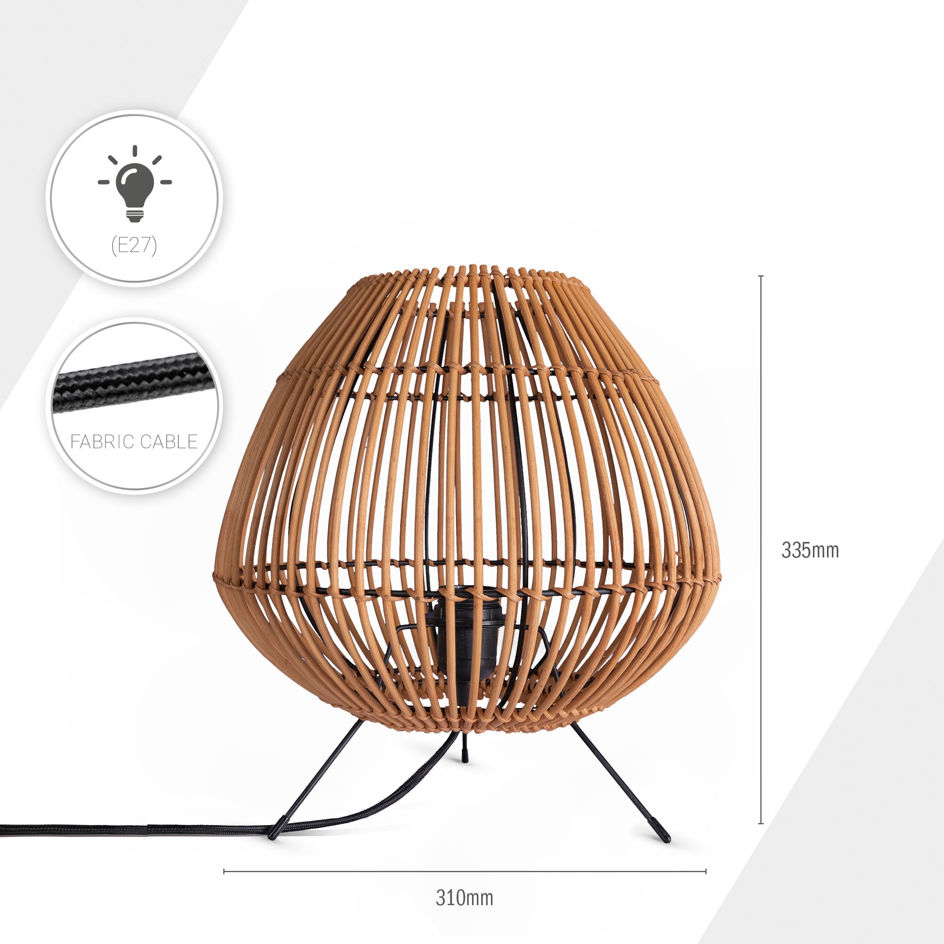 Paco Home Tischleuchte »PIRU«, Leuchtmittel E27 | ohne Leuchtmittel, Rattan Boho Style Dreibein Natur Nacht E27