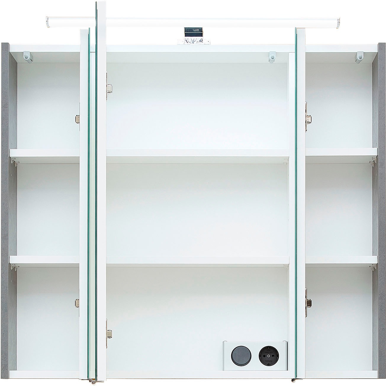 Saphir Badezimmerspiegelschrank »Quickset 945 Badschrank, 3 Spiegeltüren, 6 Einlegeböden, 80 cm breit«, inkl. LED-Beleuchtung, Türdämpfer, Schalter-/Steckdosenkombination