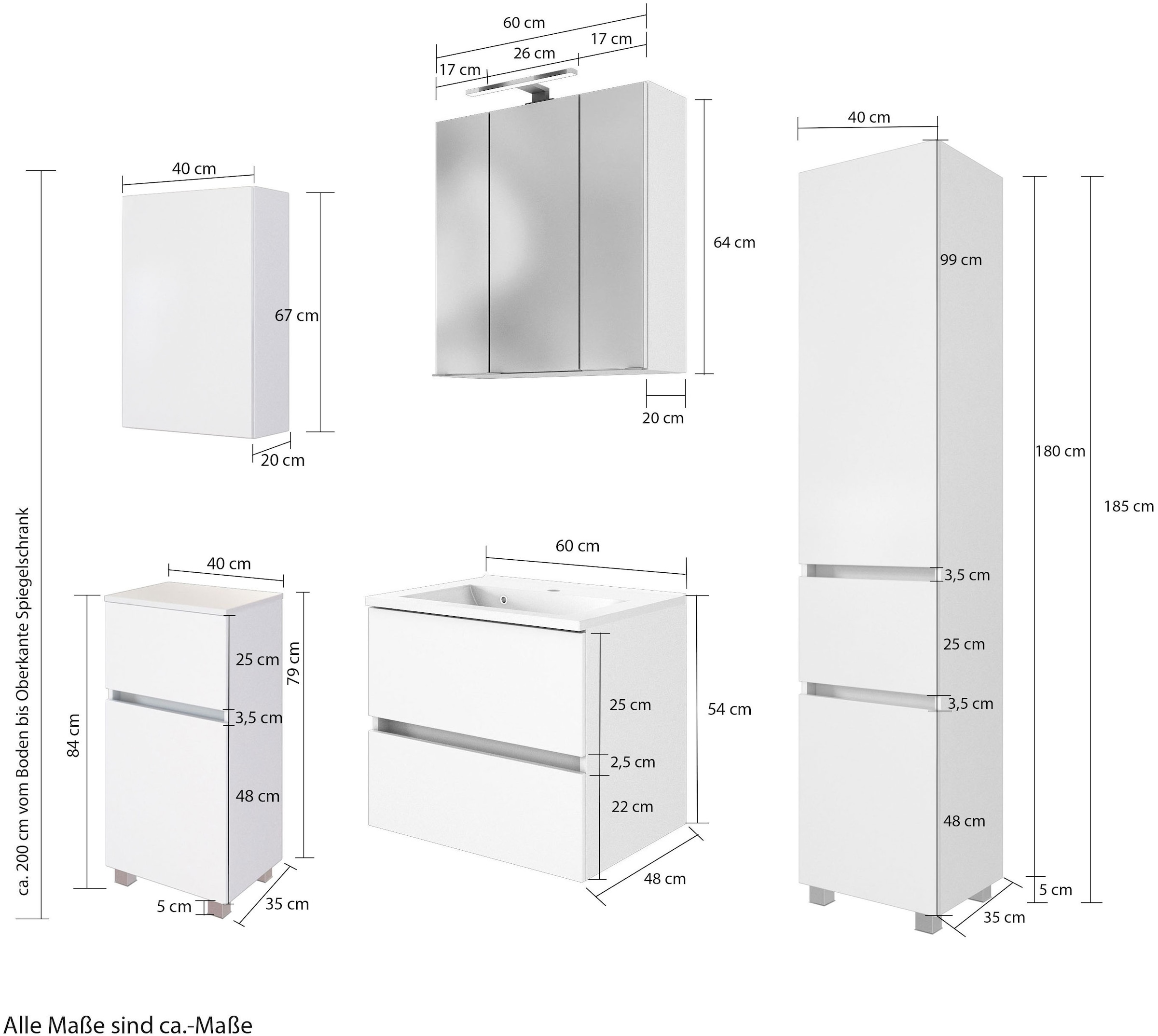 welltime Badmöbel-Set »Welltime Möbel Baabe Waschtisch-Set 3tlg. oder 5tlg.«, (5 St.), gedämpfte Scharniere und Softclose-Funktion, inklusive LED-Beleuchtung