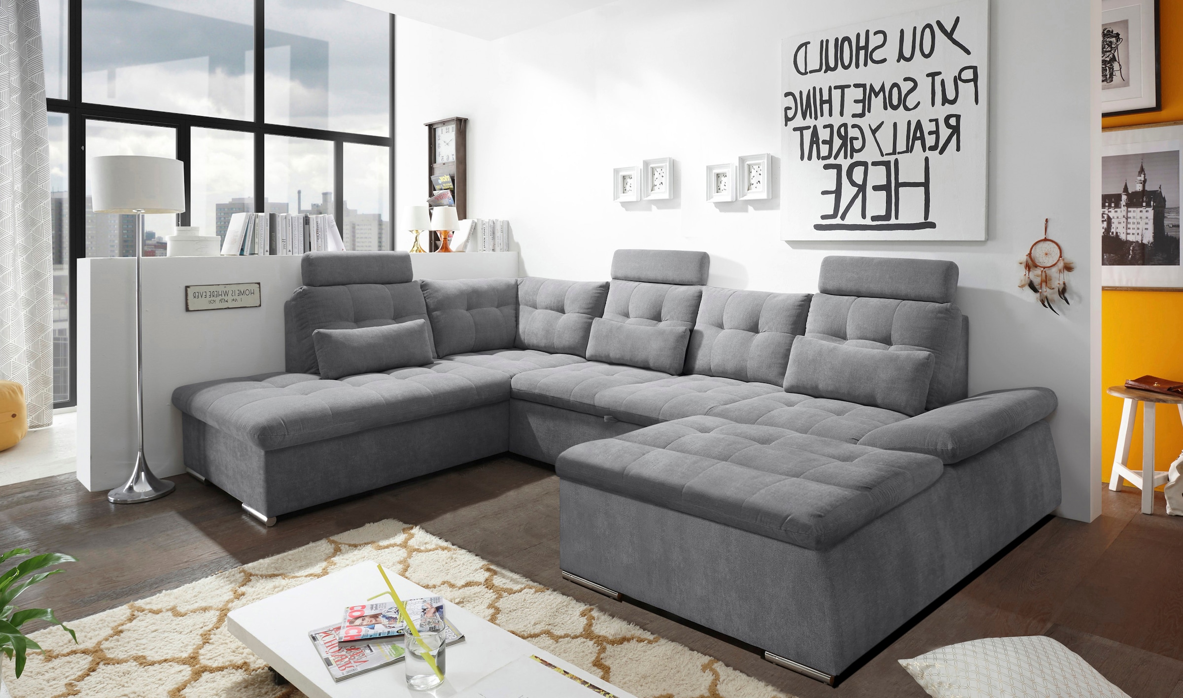 ED EXCITING DESIGN Wohnlandschaft »Nalo U-Form«, mit Bettfunktion, Bettkasten, Kopfstützen, Nierenkissen etc.