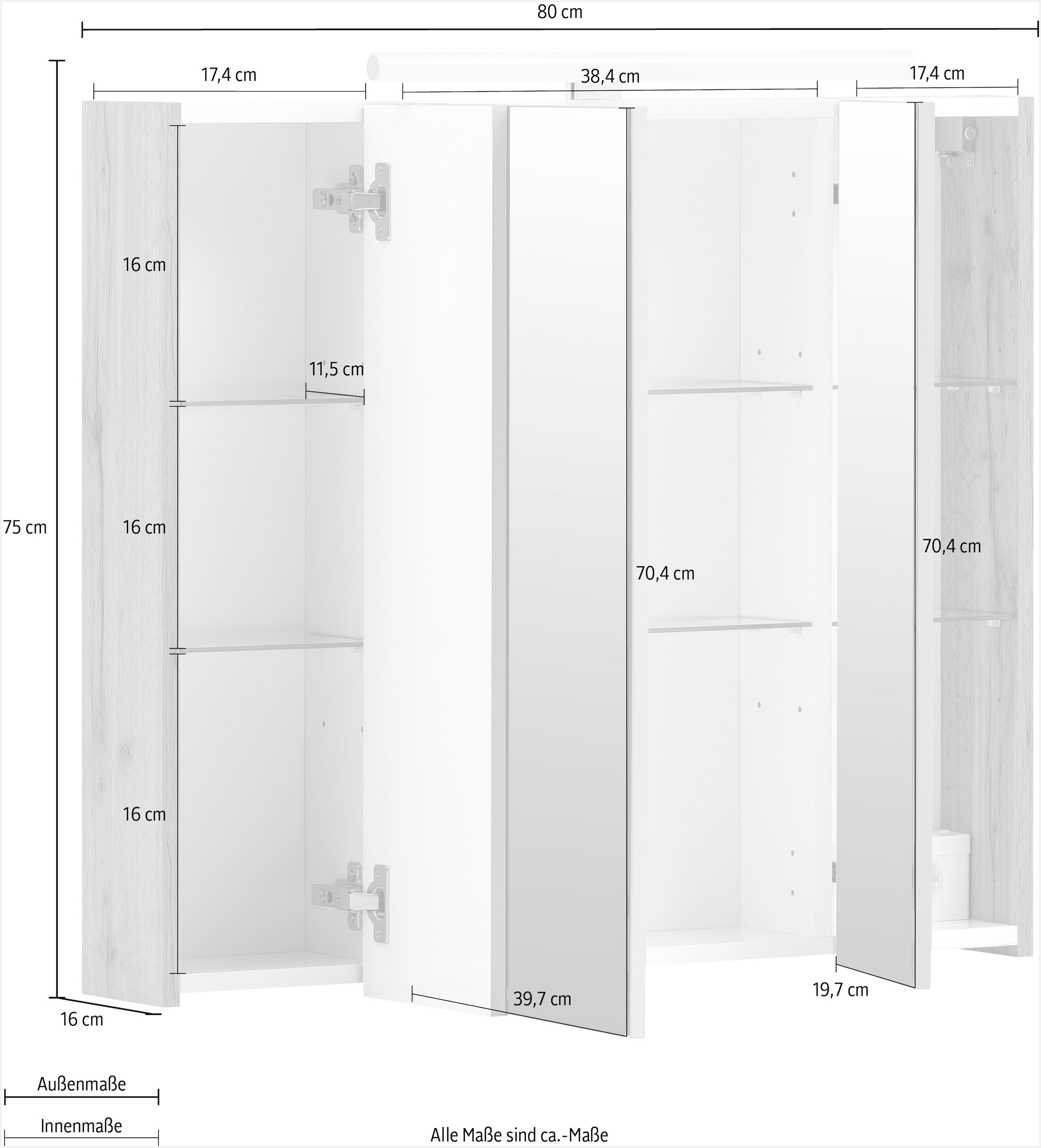 Schildmeyer Spiegelschrank »Duo«, Breite 80 cm, 3-türig, LED-Beleuchtung, Schalter-/Steckdosenbox