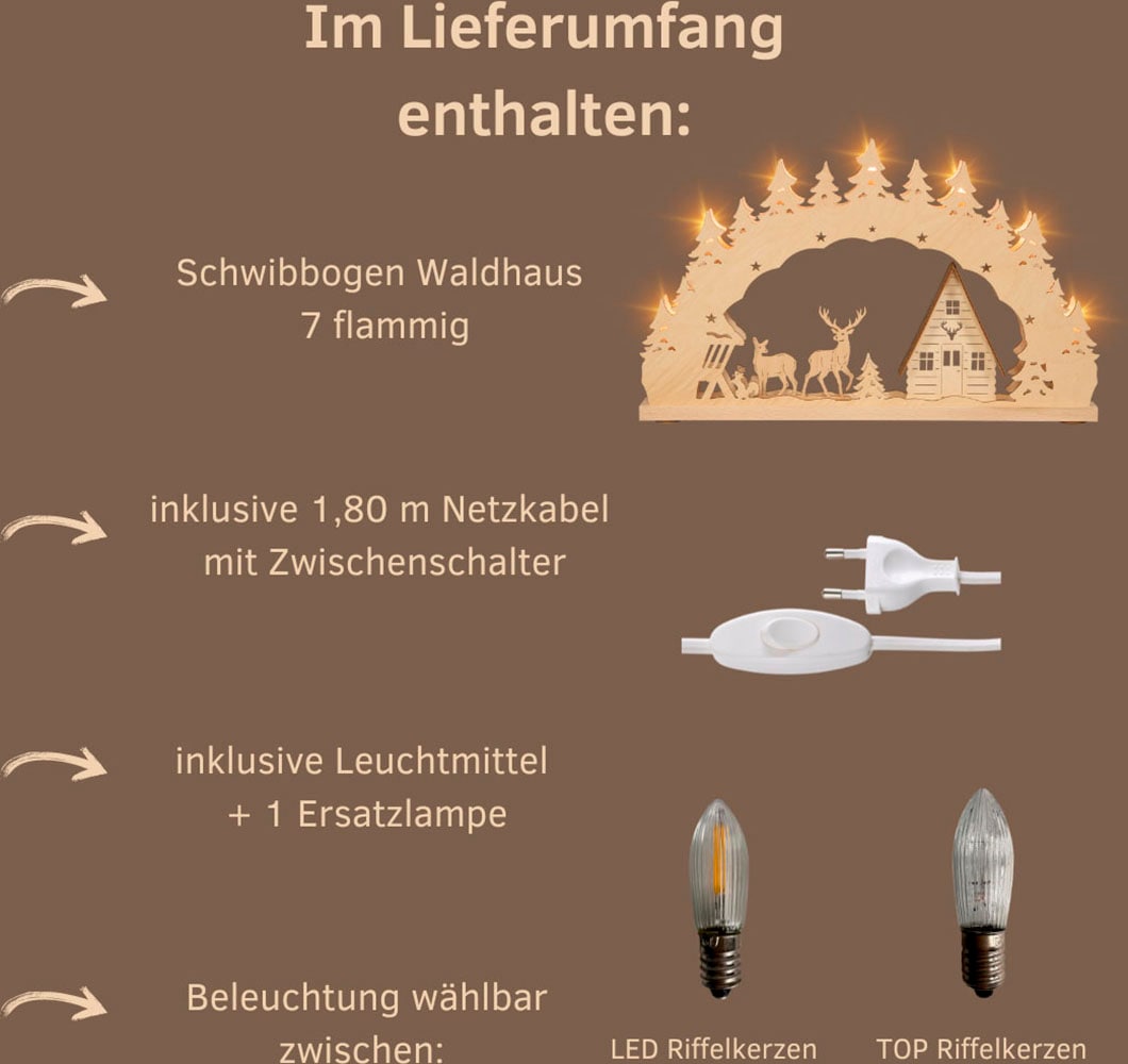 Weigla LED Schwibbogen »Waldhaus, Lichterbogen aus Holz, NATUR-BRAUN, Made in Germany« 1 Stk. Erzgebirge garantiert, Weihnachtsdeko Innen, Weihnachtsbeleuchtung