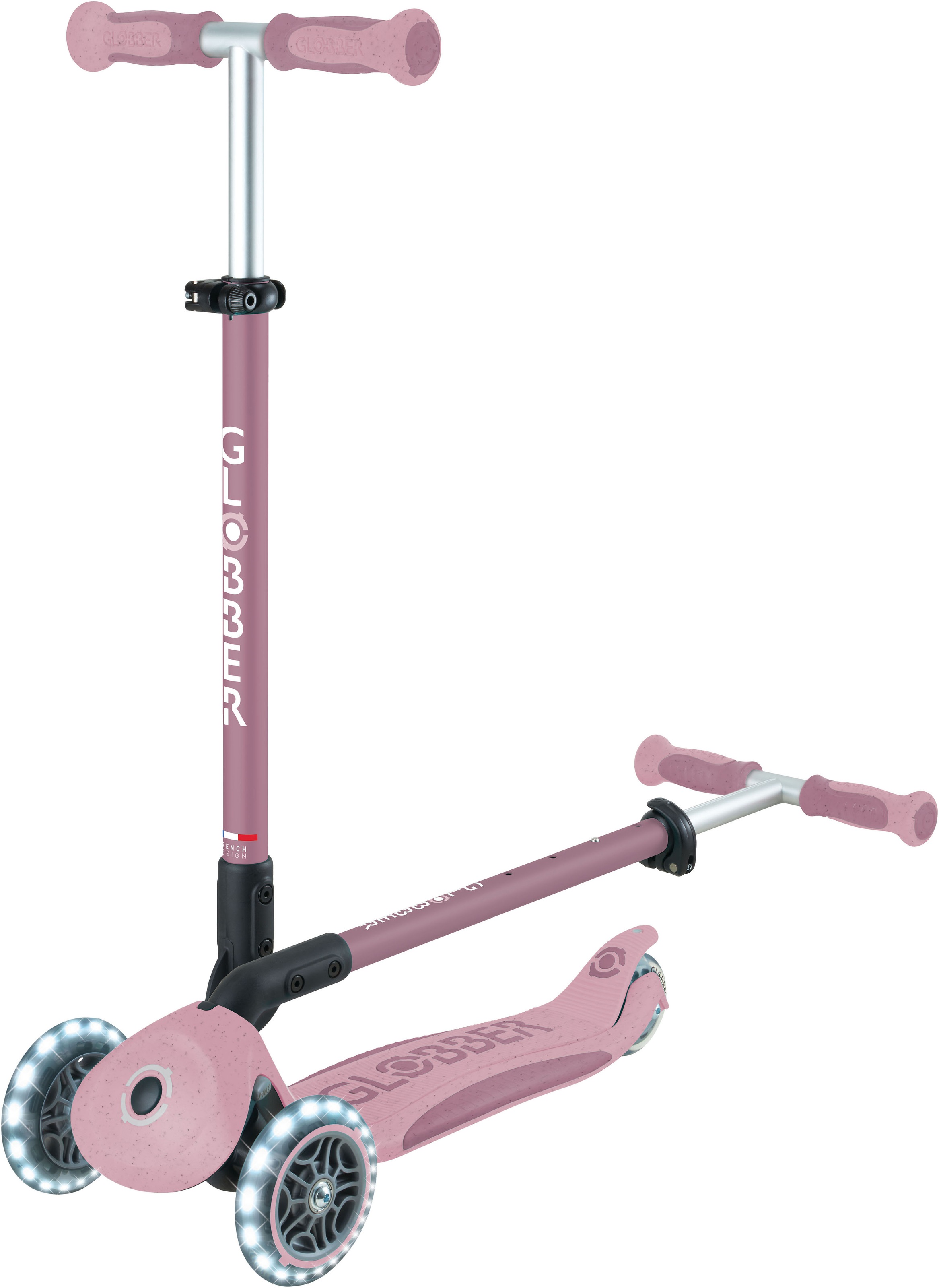 Globber Tretroller »GO-UP DELUXE LIGHTS ECO 360, mit Leuchtrollen« Aufsitzrad mit Schubstange, Laufrad und Scooter