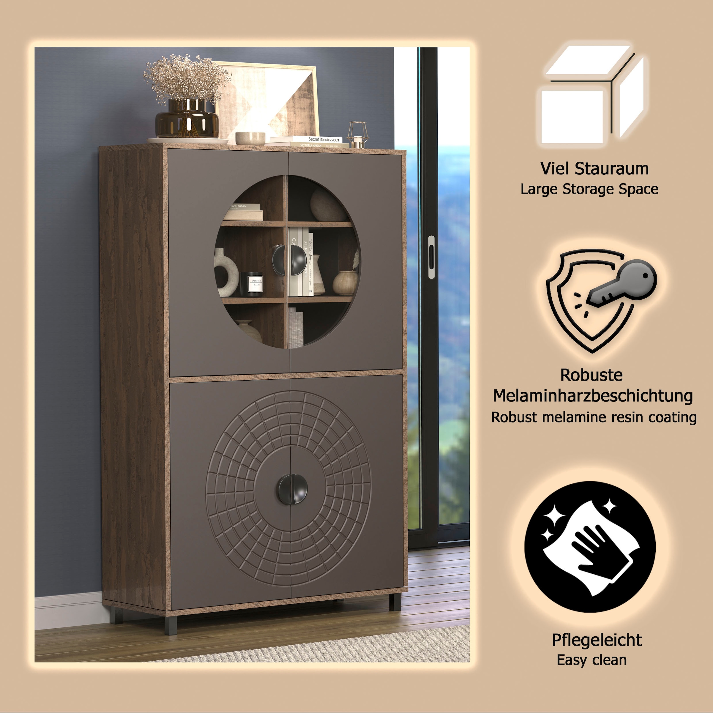 INOSIGN Hochkommode »Fusion« 1 Stk. tlg. Vitrine mit besonderem Kreismuster - Hochzeitsschrank in Vintageoptik