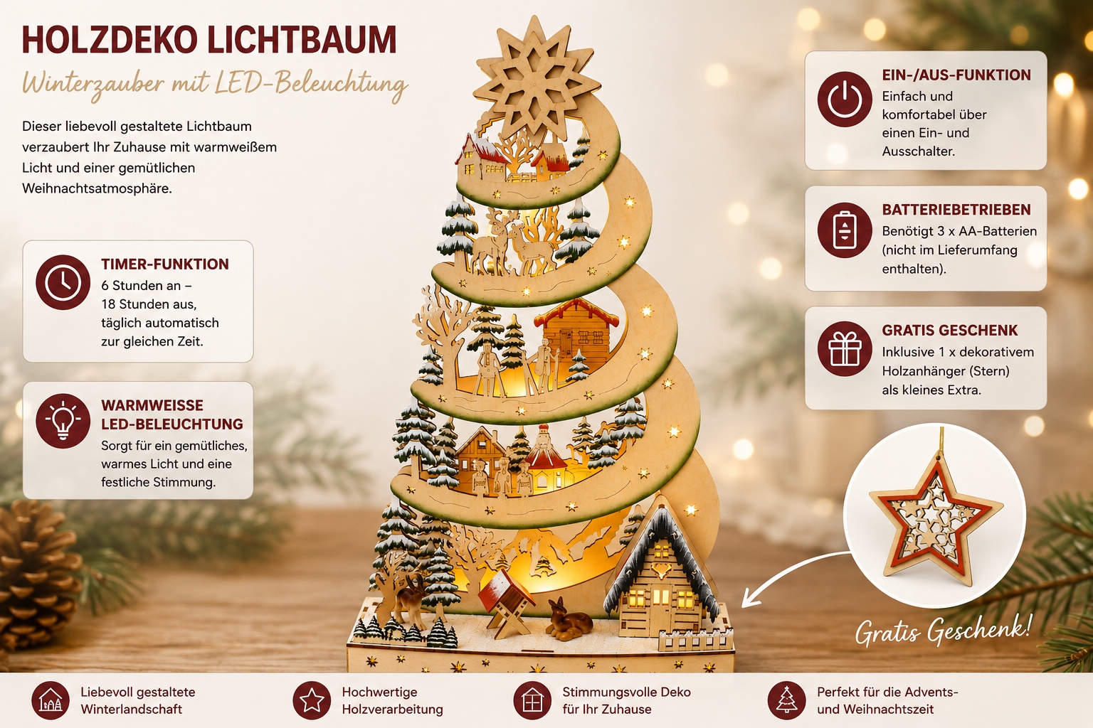 OTTO home Weihnachtsszene »Fensterdeko, Lichtbaum aus Holz« Weihnachtliche Verzierung mit LED-Lichtern, Timer-Funktion,