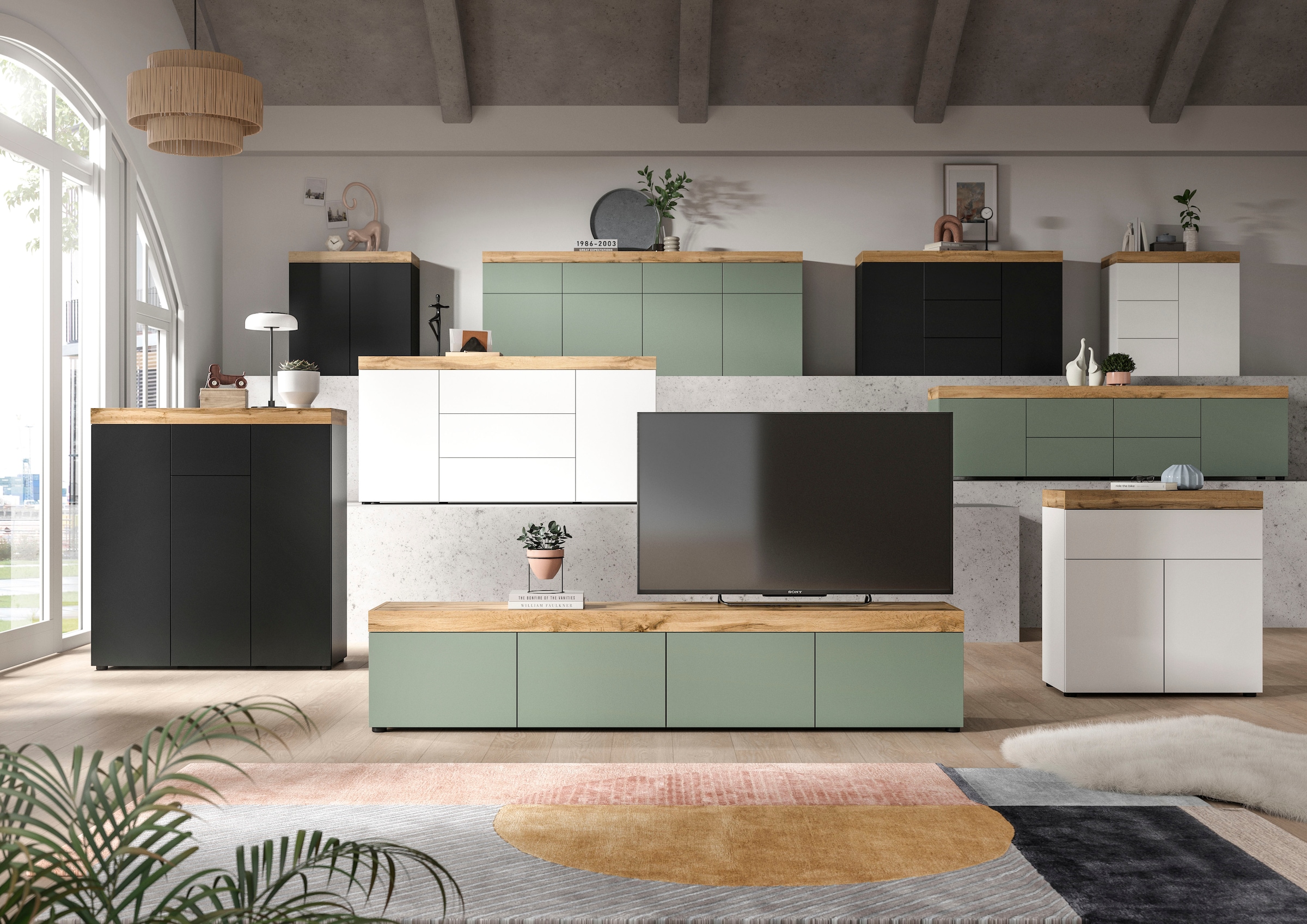 OTTO home Lowboard »MAMBO, Breite 200cm, 2 Türen, 4 Schubkästen, push-2-open« 2 farbige Ausführung, in verschiedenen Farben erhältlich, 1 Stk. tlg. Lowboard, TV Unterschrank, Tv-Schrank, Wohnzimmer