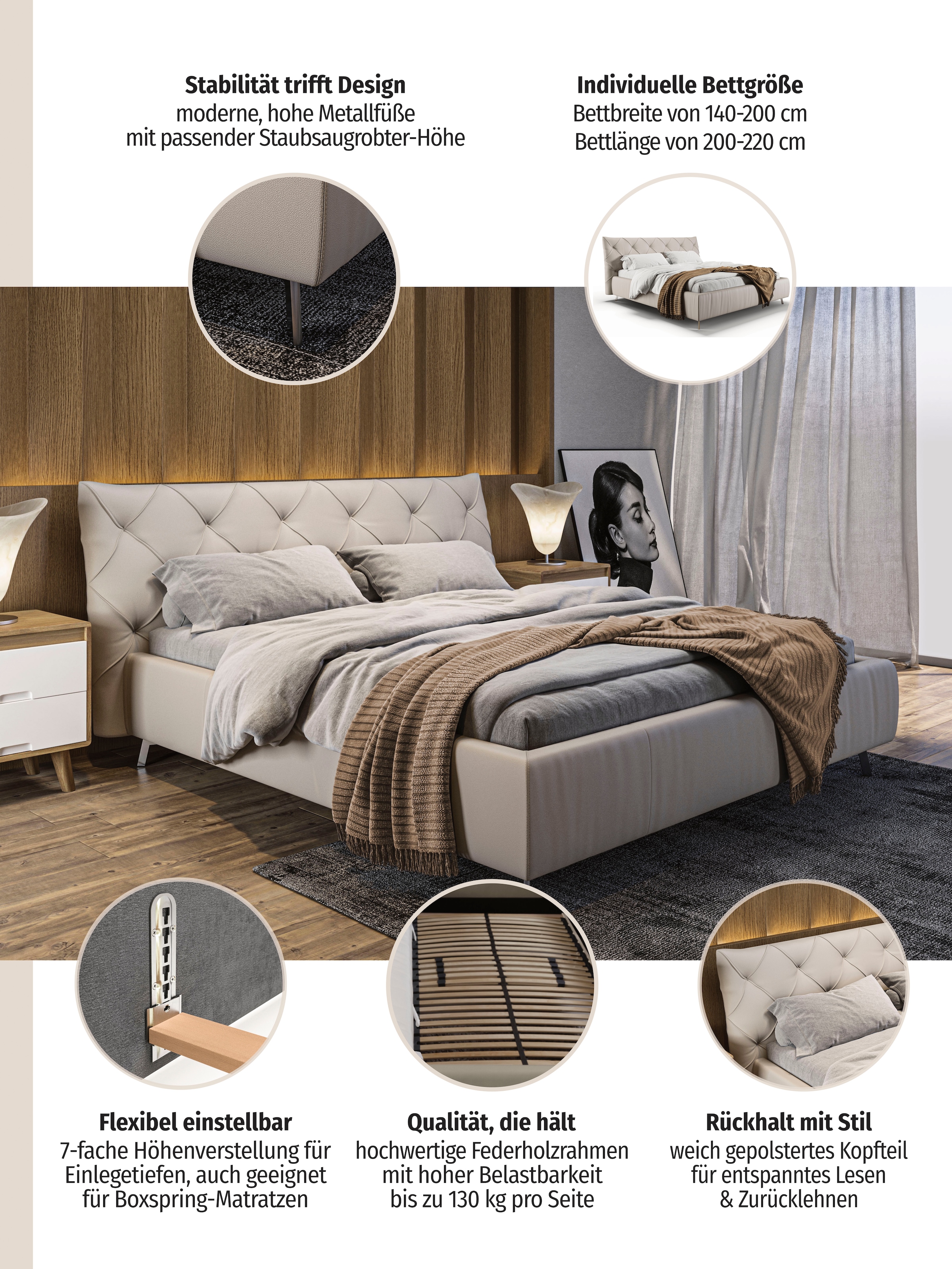 Home affaire Polsterbett »Elloree, in 4 Breiten bis 200cm, auch in Leder« Kopfteilhöhe 105 cm, belastbar bis 280 kg, auch in Überlänge 220cm