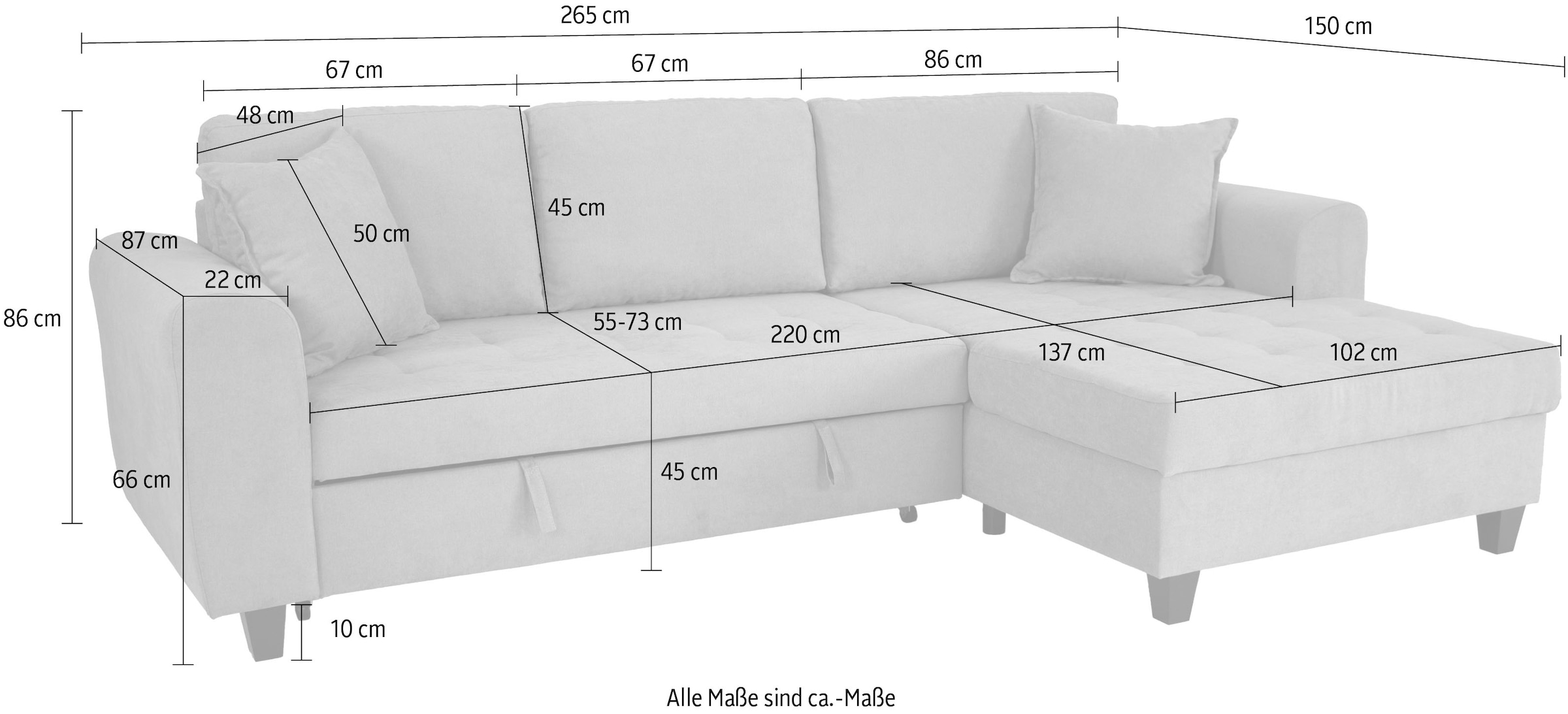 Trends by HG Ecksofa »Moritz, L-Form« inkl. Bettfunktion und Bettkasten, inkl. 2 Zierkissen