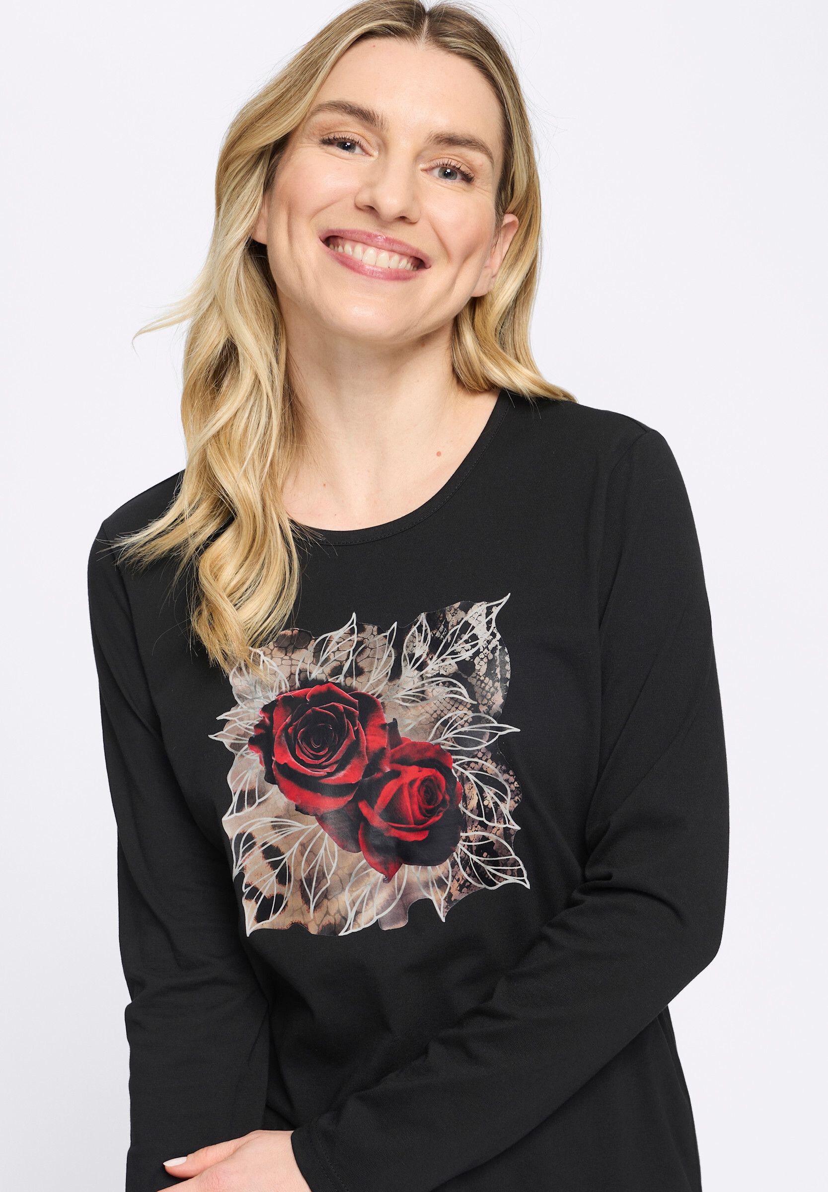 Sieh an! T-Shirt »Langarm-Shirt Langarmshirt mit platziertem Rosen-Leo-Print«