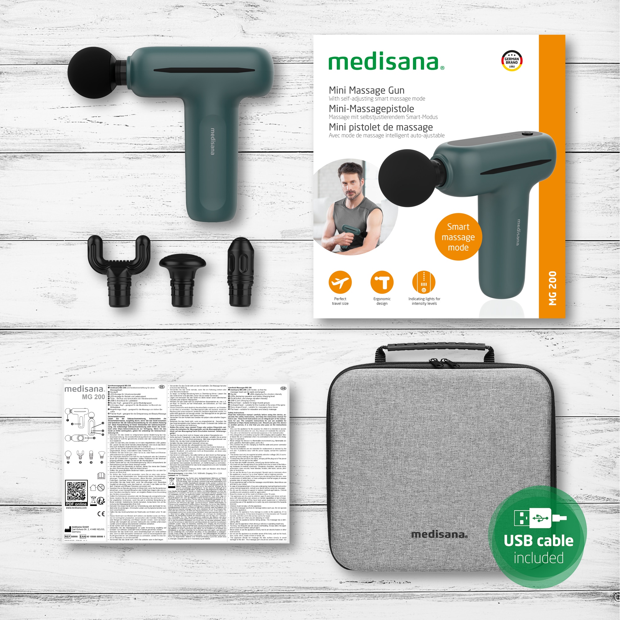 Medisana Massagepistole »MG 200«, (Set, 5 tlg., Gerät + 4 Aufsätze), Kleine, ergonomische Massagepistole mit selbstjustierendem Modus