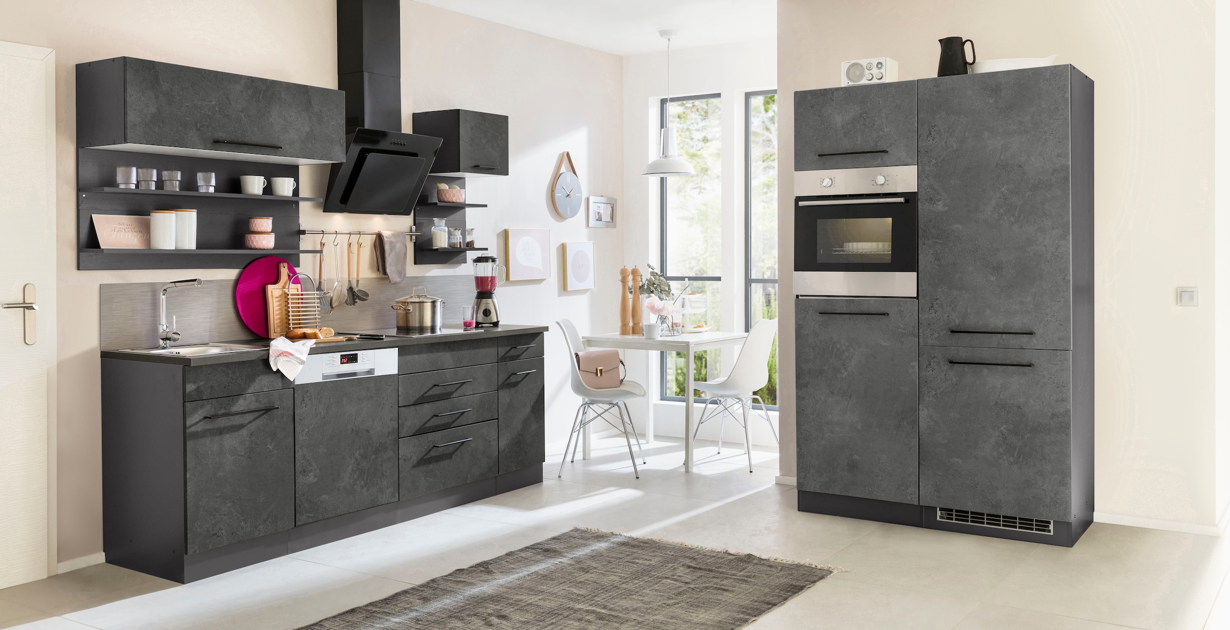 KOCHSTATION "KS-Tulsa" ohne E-Geräte, Breite 330 cm, schwarze Metallgriffe, MDF Fronten