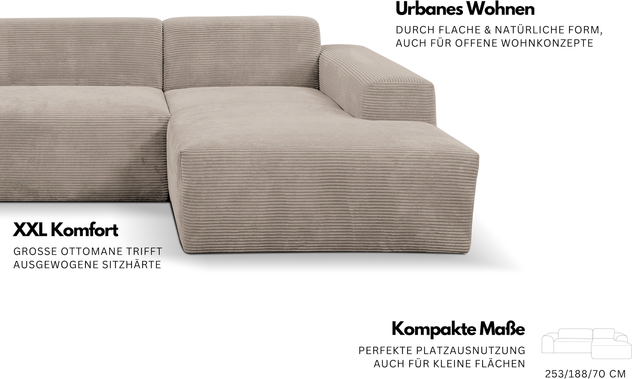 WERK2 Ecksofa »Zeus-L modern & zeitlos, Breite 253 cm, bequemes Sofa« moderne Optik mit abgerundeten Kanten