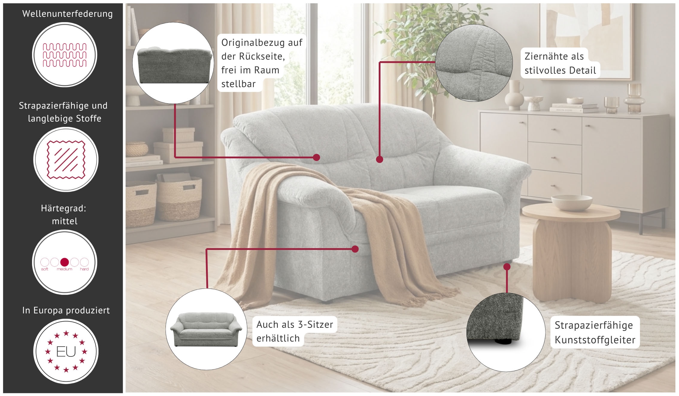 OTTO home 2-Sitzer »Nyborrg 146 cm breit, pflegeleicht, formschön, stabil« aus pflegeleichtem, weichem Luxus-Microfaser