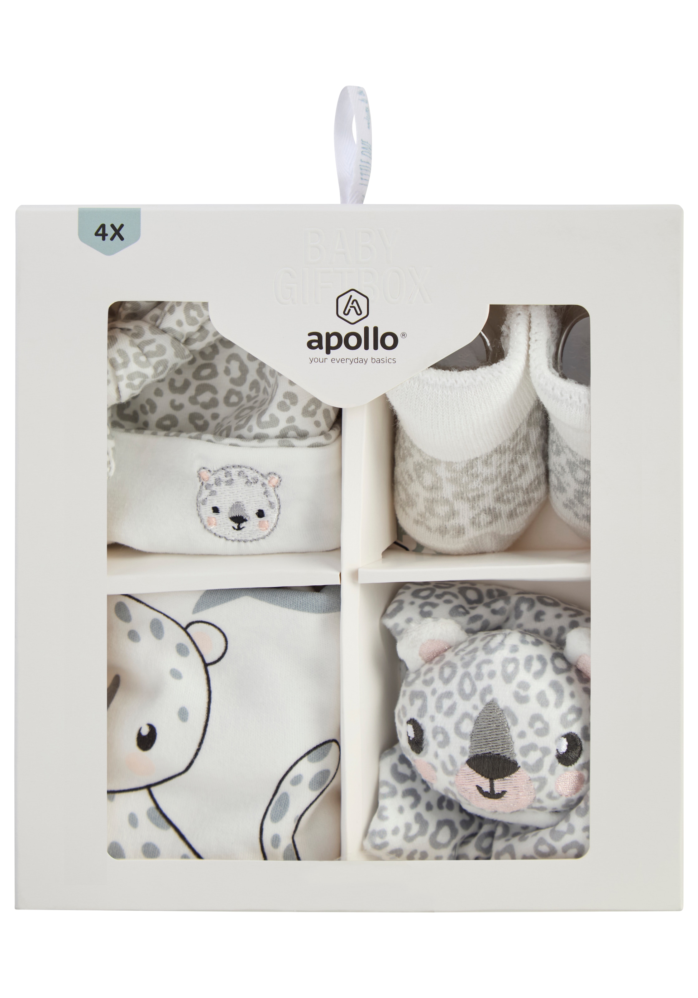 Apollo Neugeborenen-Geschenkset, Tiger Babyset, Mütze, Socken, Lätzchen, Tuch