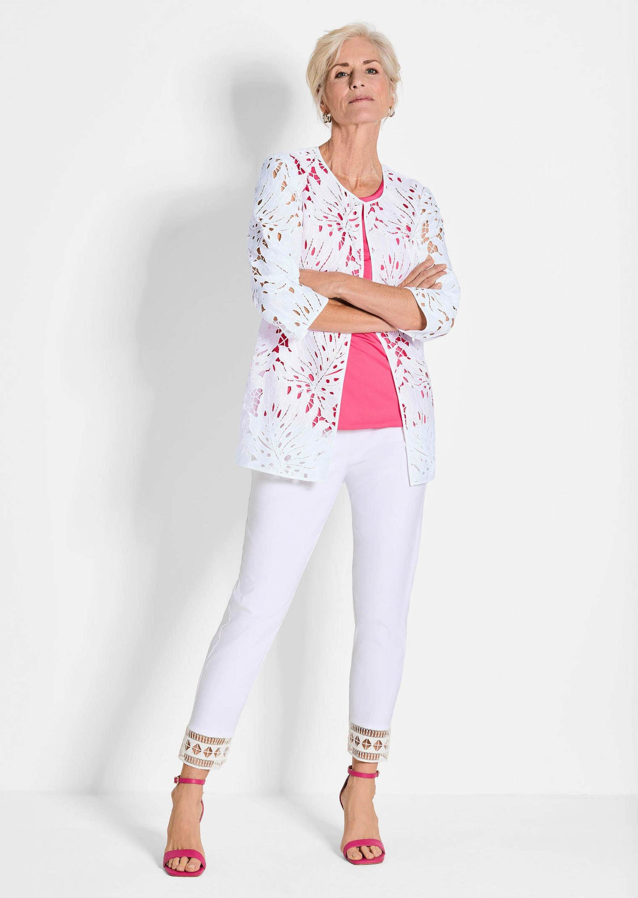 GOLDNER Langmantel »Kurzgröße Weiße Jacke mit Blätterdessin« Aus floraler Blätterspitze