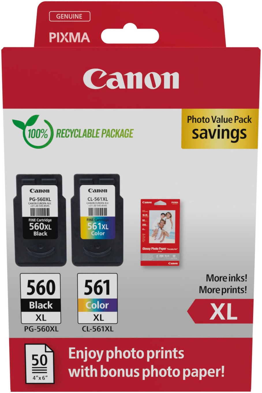 Canon Tintenpatrone »PG-560XL Schwarz und CL-561XL Farbe + Fotopapier Vorteilspack«, (Packung)