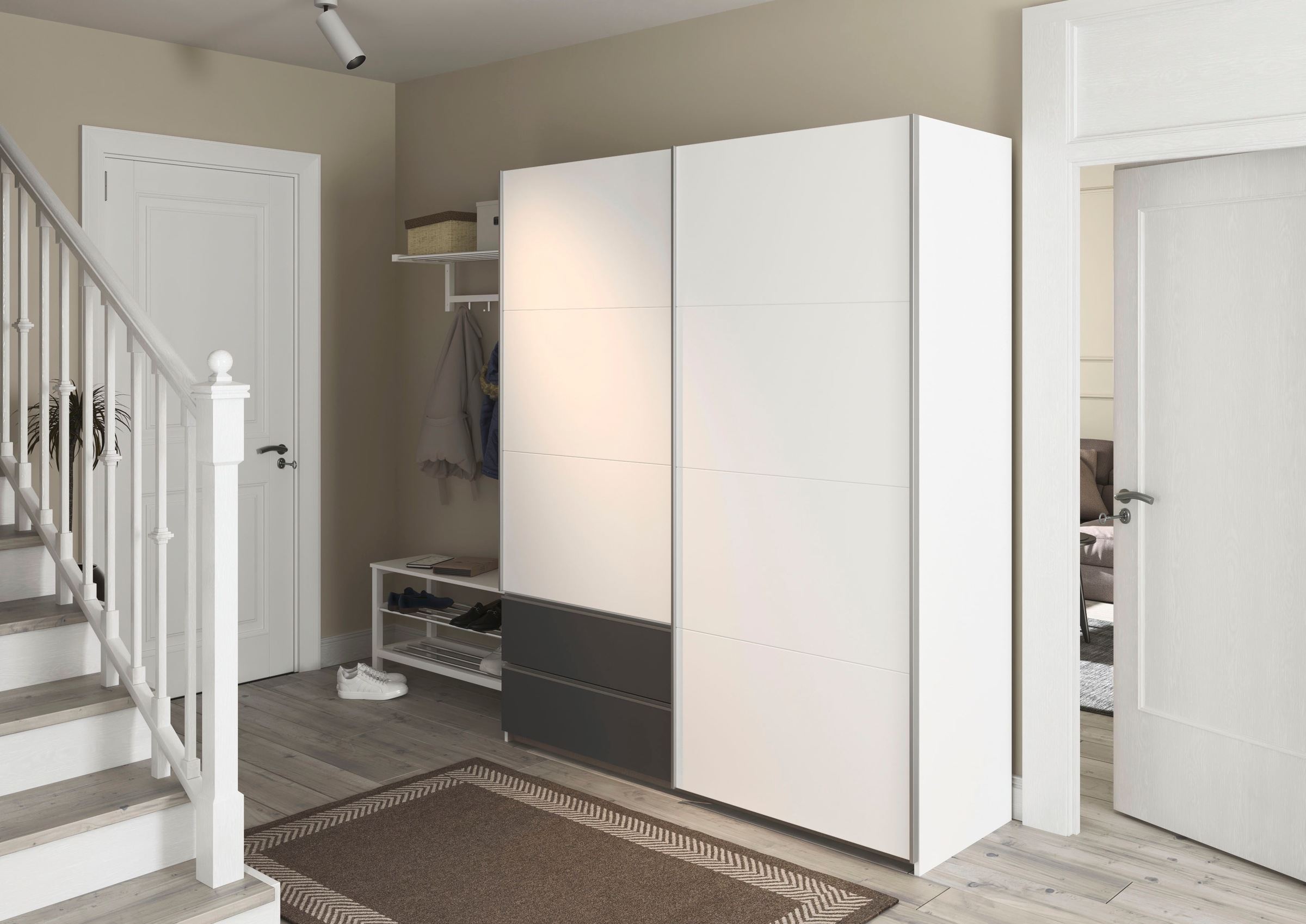 rauch Schwebetürenschrank »Kleiderschrank Schrank Garderobe Wäscheschrank SEVILLA«, (in 3 verschiedenen Ausstattungen BASIC/CLASSIC/PREMIUM), Metall-Griffleisten alufarben oder Graumetallic MADE IN GERMANY
