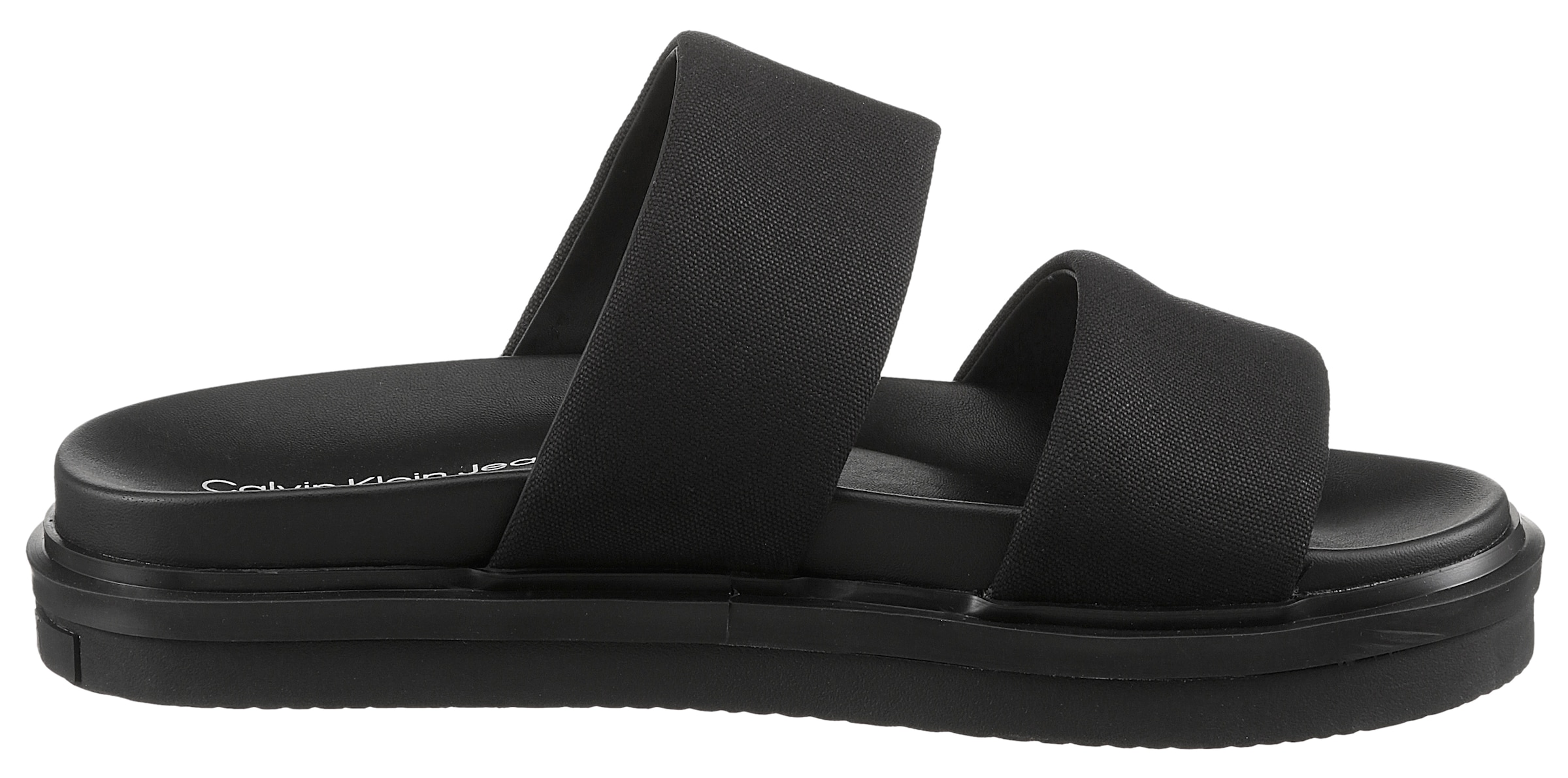 Calvin Klein Jeans Pantolette »FLAT MOLDED DBL BAR SANDAL CV«, Schlappen, Sommerschuh, Strandschuh, Poolslides zum Schlupfen