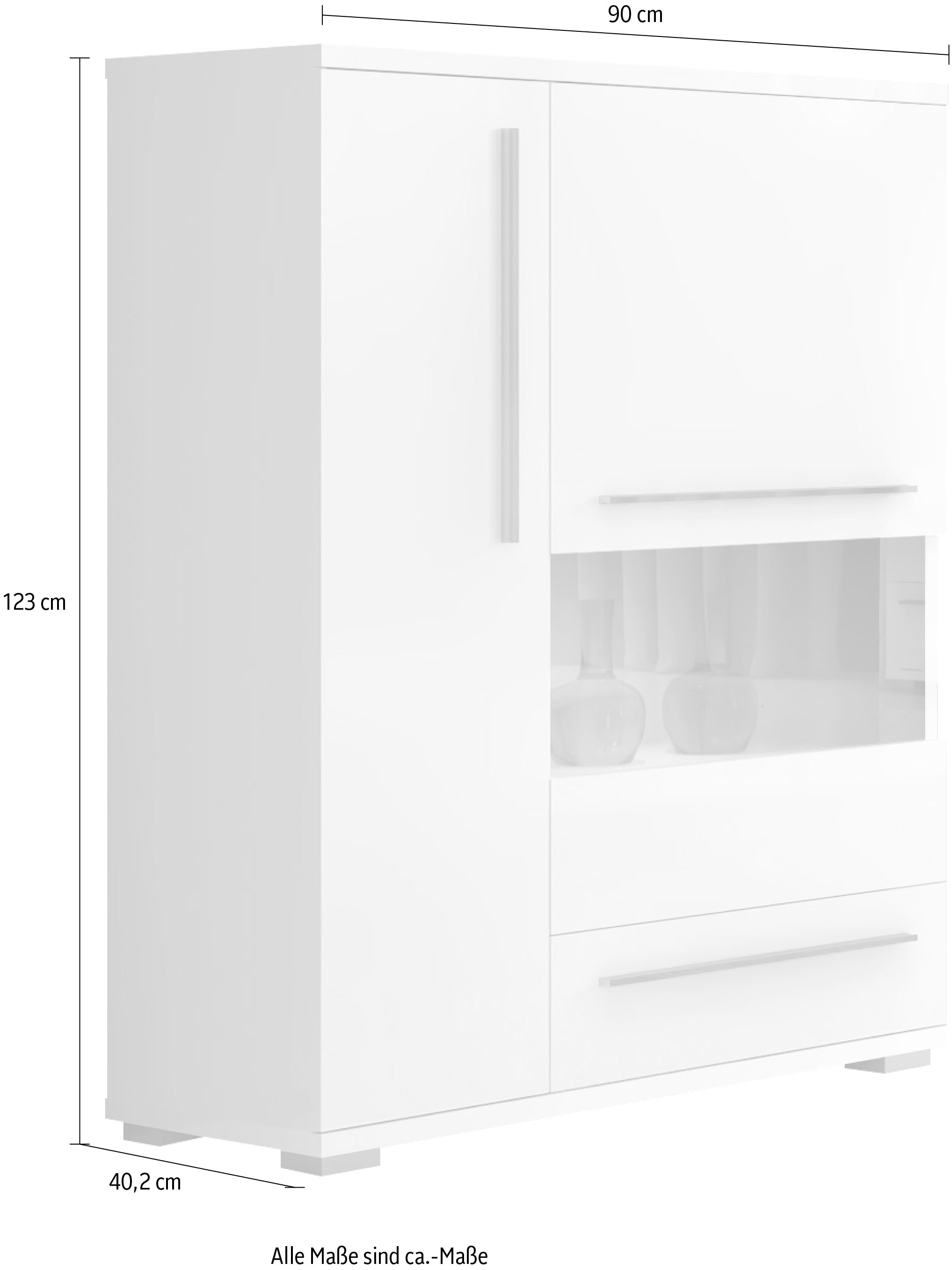 Places of Style Highboard »Piano Vitrine«, (H/B/T): 123/90/40,2cm), UV lackiert, Soft-Close Funktion