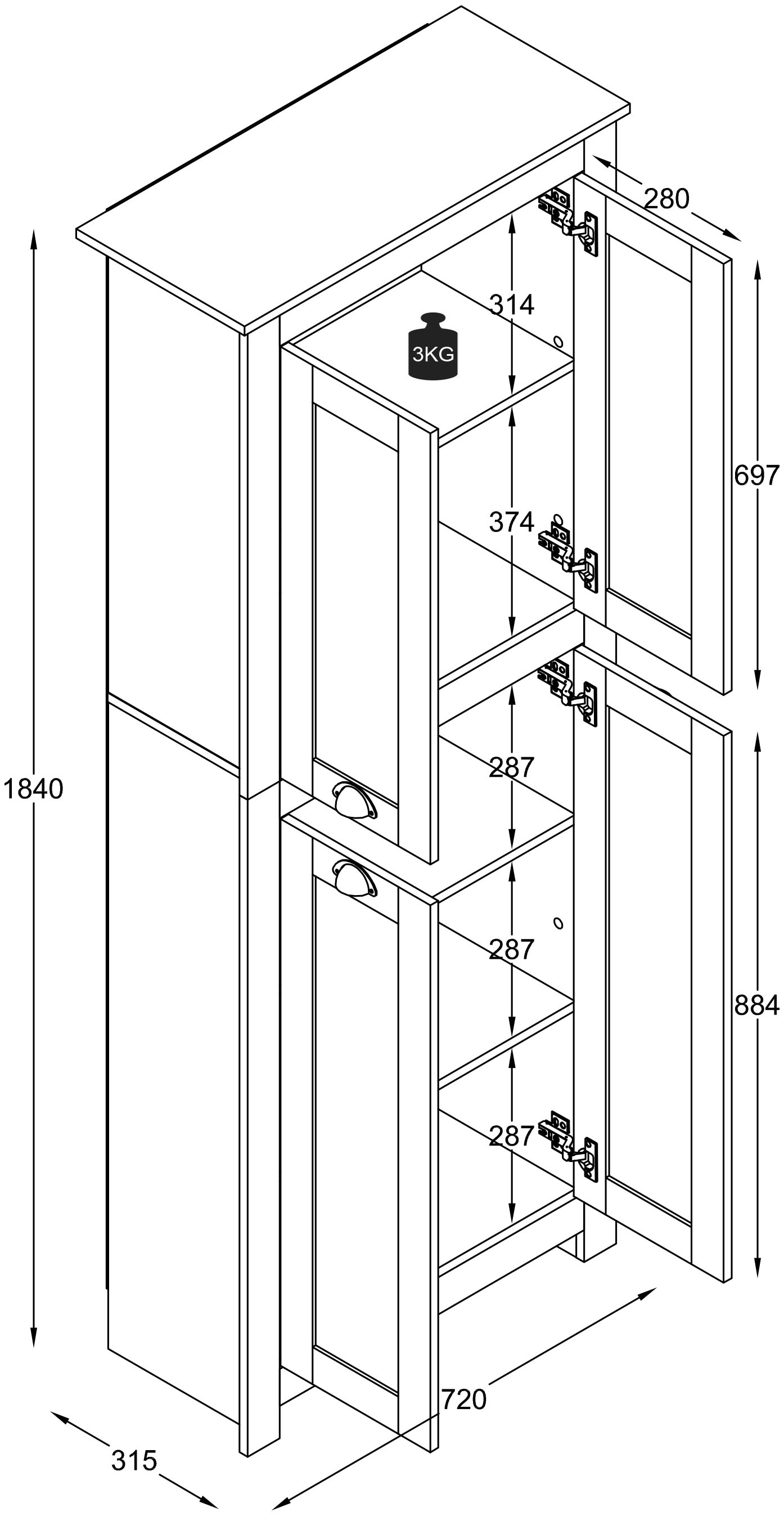 VCM Mehrzweckschrank »VCM Holz Flurschrank | 5 Fächer | Badezimmerschrank | Maße: H. 184 x B. 72 x T. 32 cm | 4 Drehtüren | elegante Muschelgriffe - Balusa«, (1 St.)