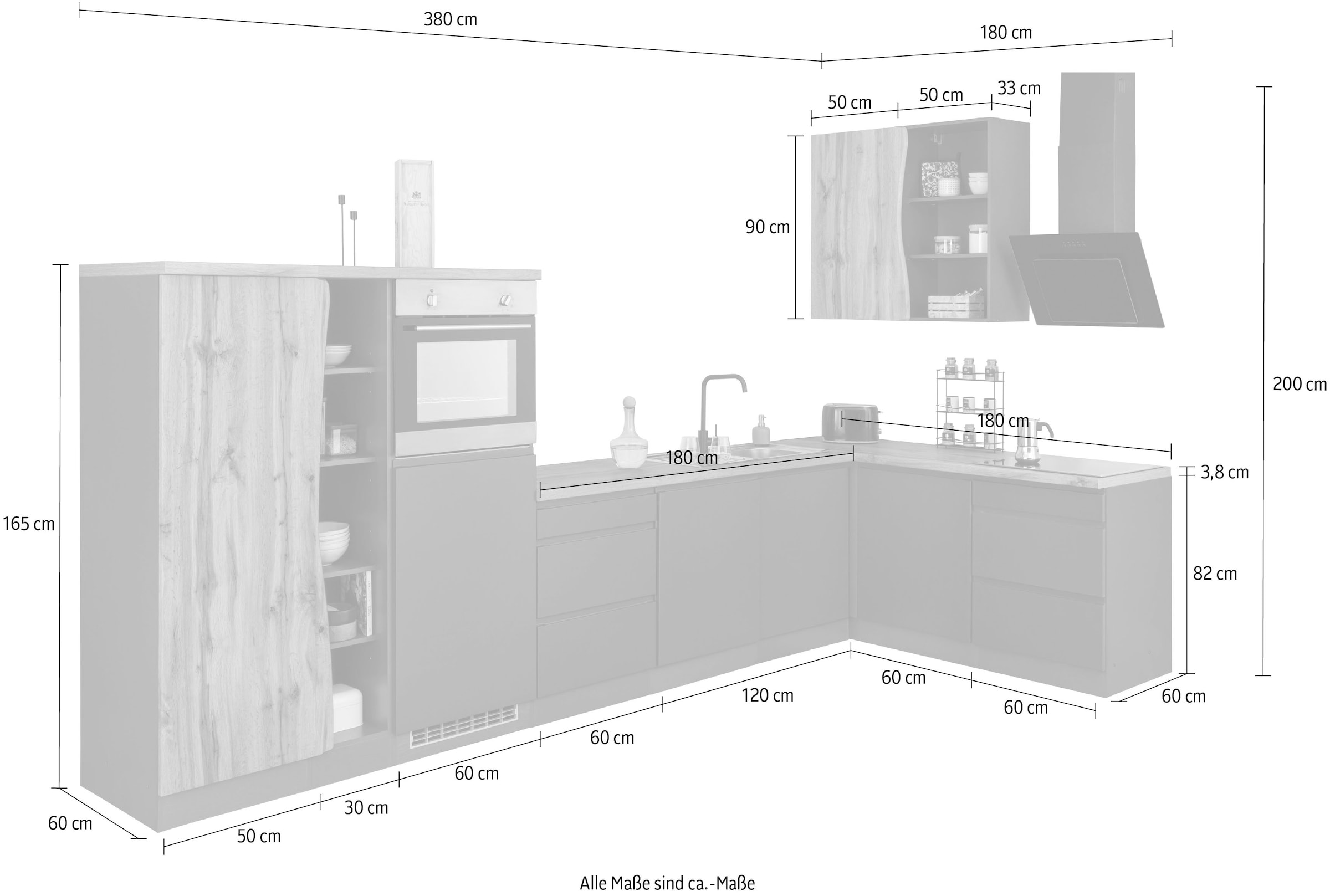 Küche bequem bestellen Fronten Stellbreite 380/180 MDF cm E-Geräten, ohne breit, MÖBEL HELD »Bruneck«,