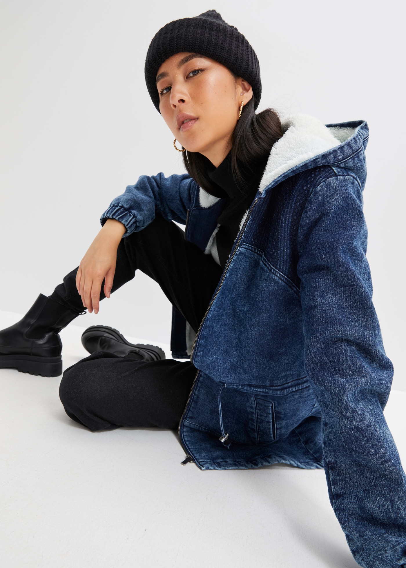 bonprix Parka mit Kapuze Jeans-Parka mit Teddyfell
