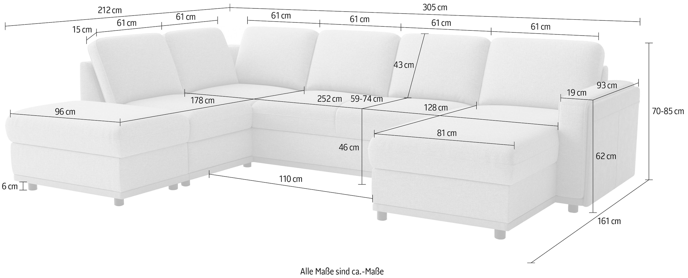 sit&more Wohnlandschaft »Cordoba U-Form, B: 305 cm, optional Schlaffunktion & Stauraum« Couch mit XXL-Komfort, großzügige Sitzfläche