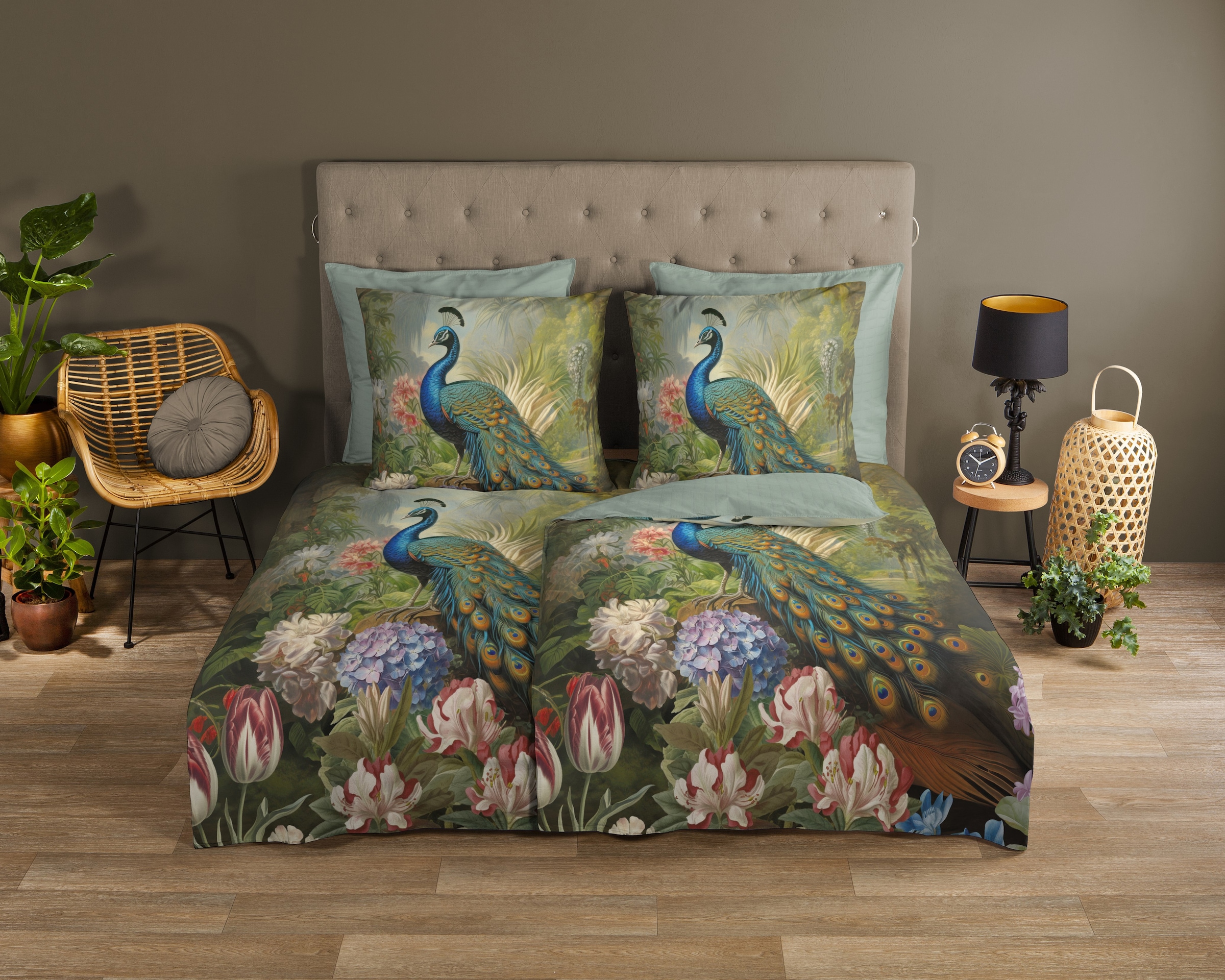 good morning Wendebettwäsche »Esther«, 100% Baumwolle, Renforcé, Reißverschluss, Wendeoptik, Pfau, Grün