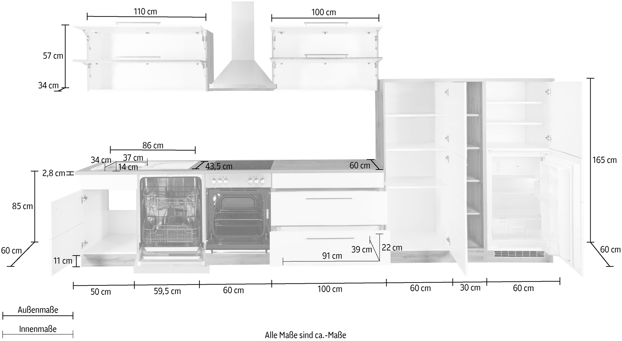 KOCHSTATION Küchenzeile »KS-Wien« Breite 420 cm, wahlweise mit E-Geräten