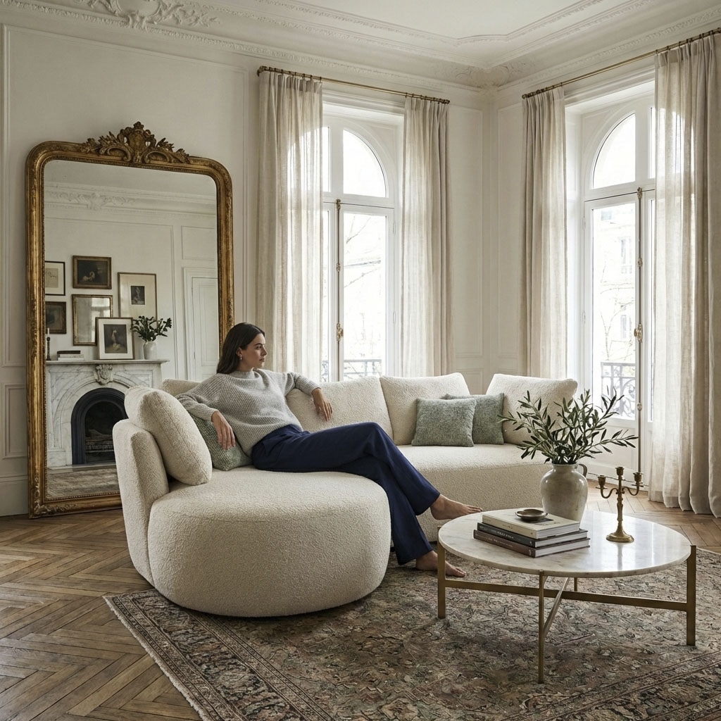 DOMO collection Ecksofa »Lumin, B/T: 267/170 cm, abgerunde Form, charmantes Design, cozy chic« Mit Federkern und 5 Rückenkissen ausgestattet