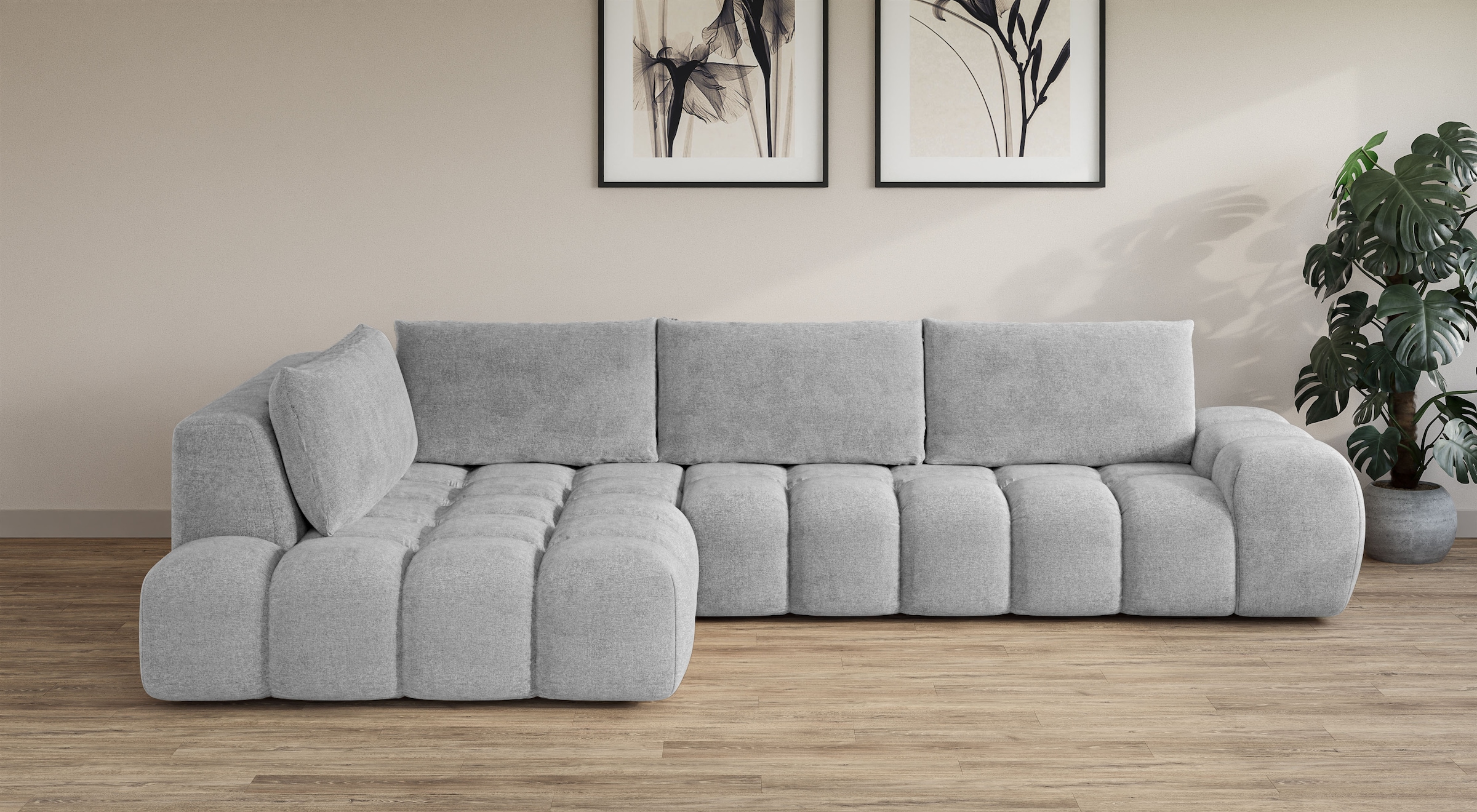 OTTO home Ecksofa »AZITA L-Form, XXL 352 cm Designsofa in Bubble-Opitk« lose Rückenkissen, traumhafte Steppung