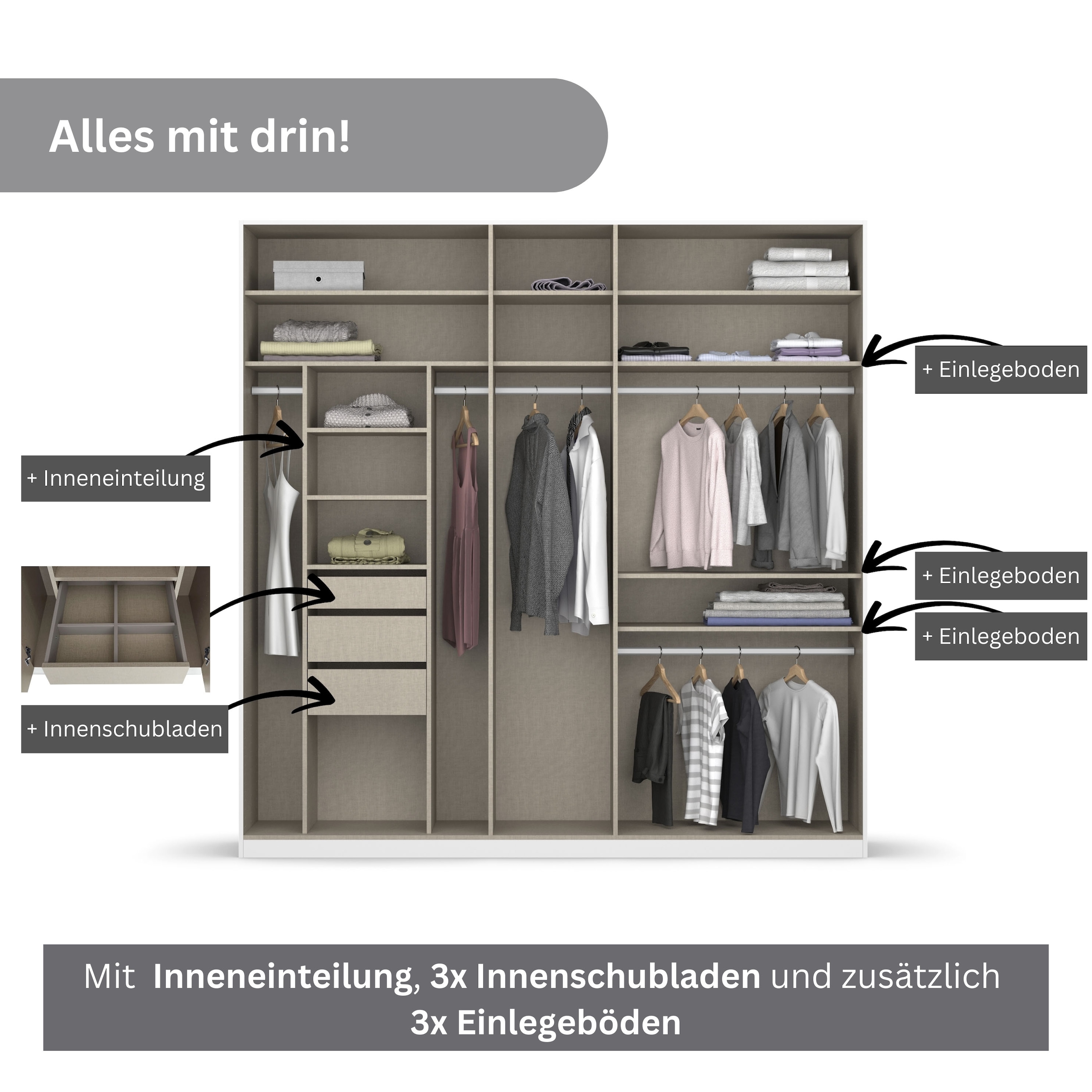 rauch Drehtürenschrank »Kleiderschrank Schrank Garderobe TOPSELLER OTELI inkl. Inneneinteilung«, mit 3 Innenschubladen extra Böden optional mit Spiegel MADE IN GERMANY