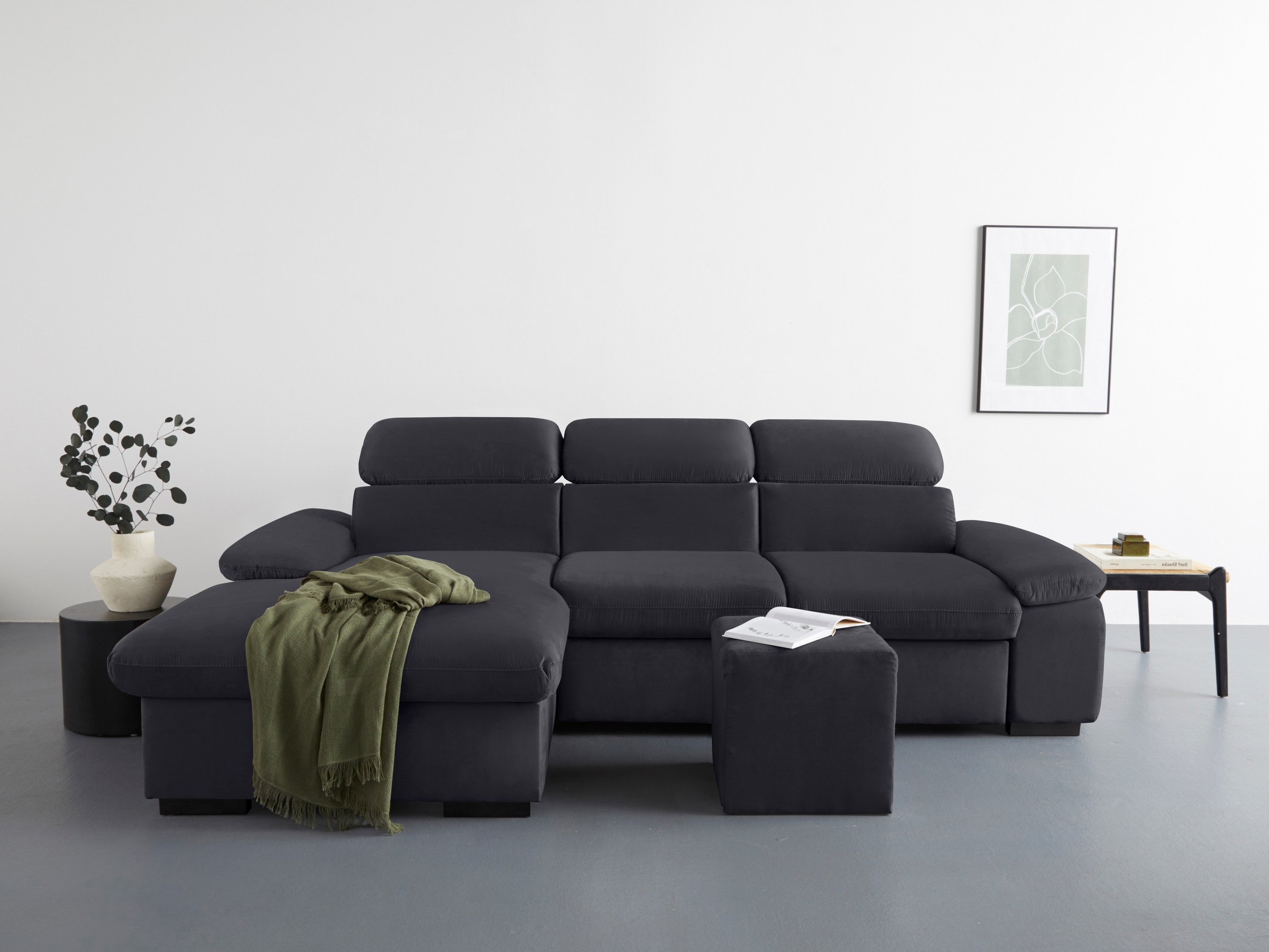 COTTA Ecksofa »Lola L-Form mit Kopfteilfunktion & Hocker«, (Set, mit Hocker), wahlweise mit Bettfunktion, Bettkasten & Armteilverstellung