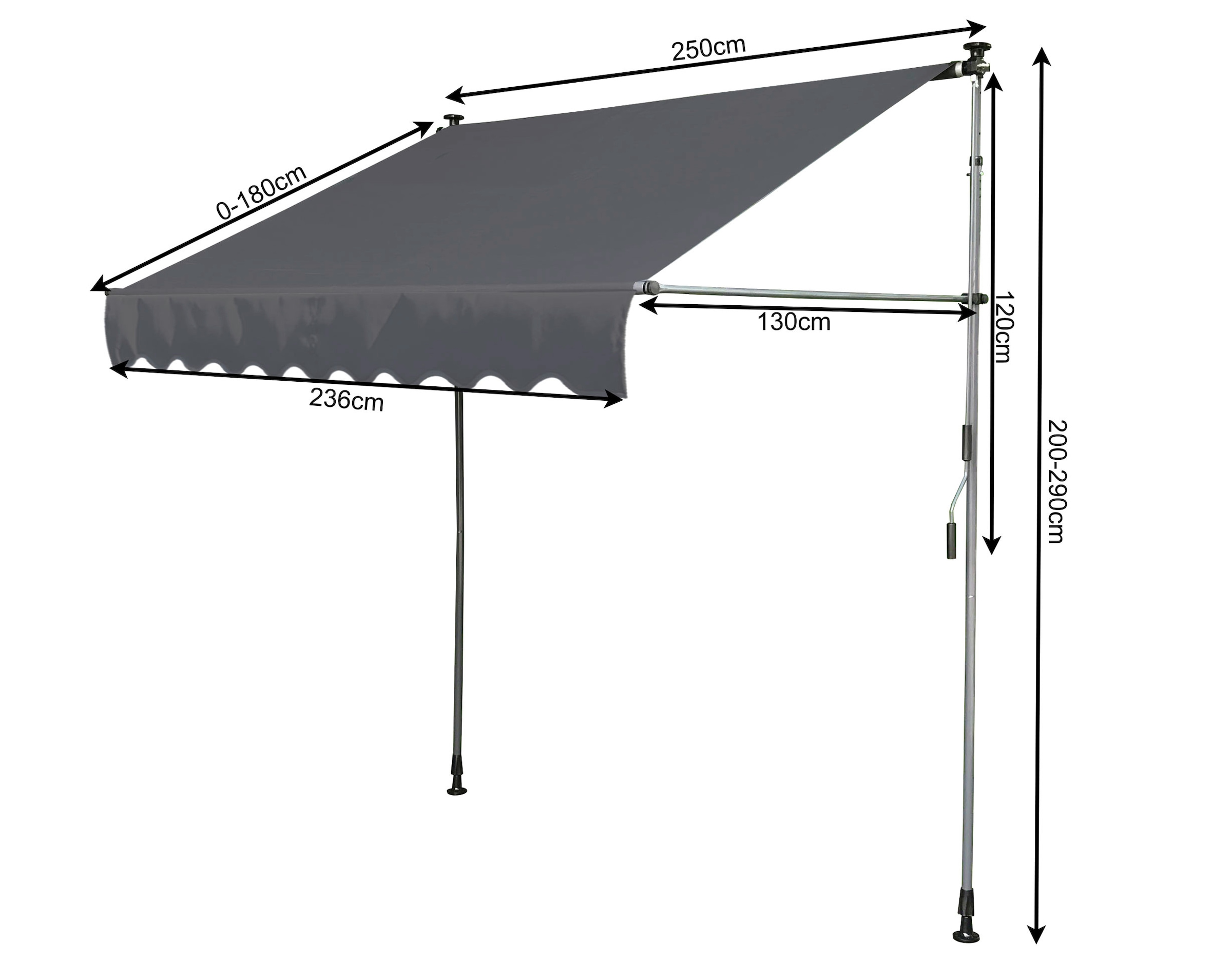 Quick Star Klemm-Senkrechtmarkise, 250 cm Breite, 130 cm Ausfall, Neigungswinkel verstellbar