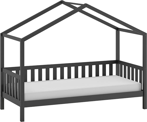 Vipack Hausbett »Dallas, mit Dachaufbau, Kiefer massiv, stabil gebaut«, (B/H/T ca. 210x170x97cm, mit Sprossenumrandung), wahlweise mit oder ohne Bettschublade