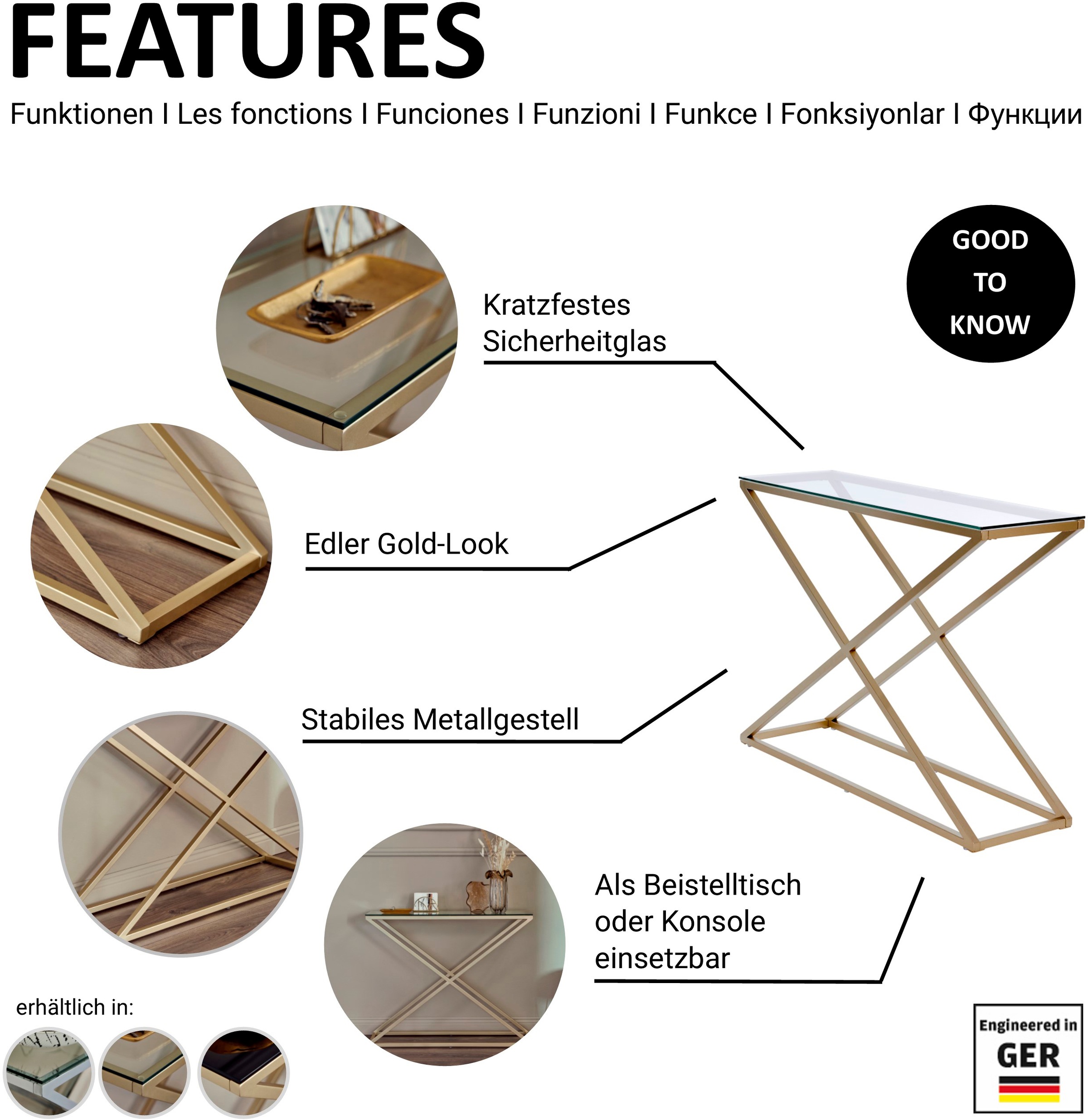 Jahnke Konsolentisch »XTRA CONSOLE«, (1 St.), Konsole/Beistelltisch in Gold-Look, aus Sicherheitsglas gefertigt