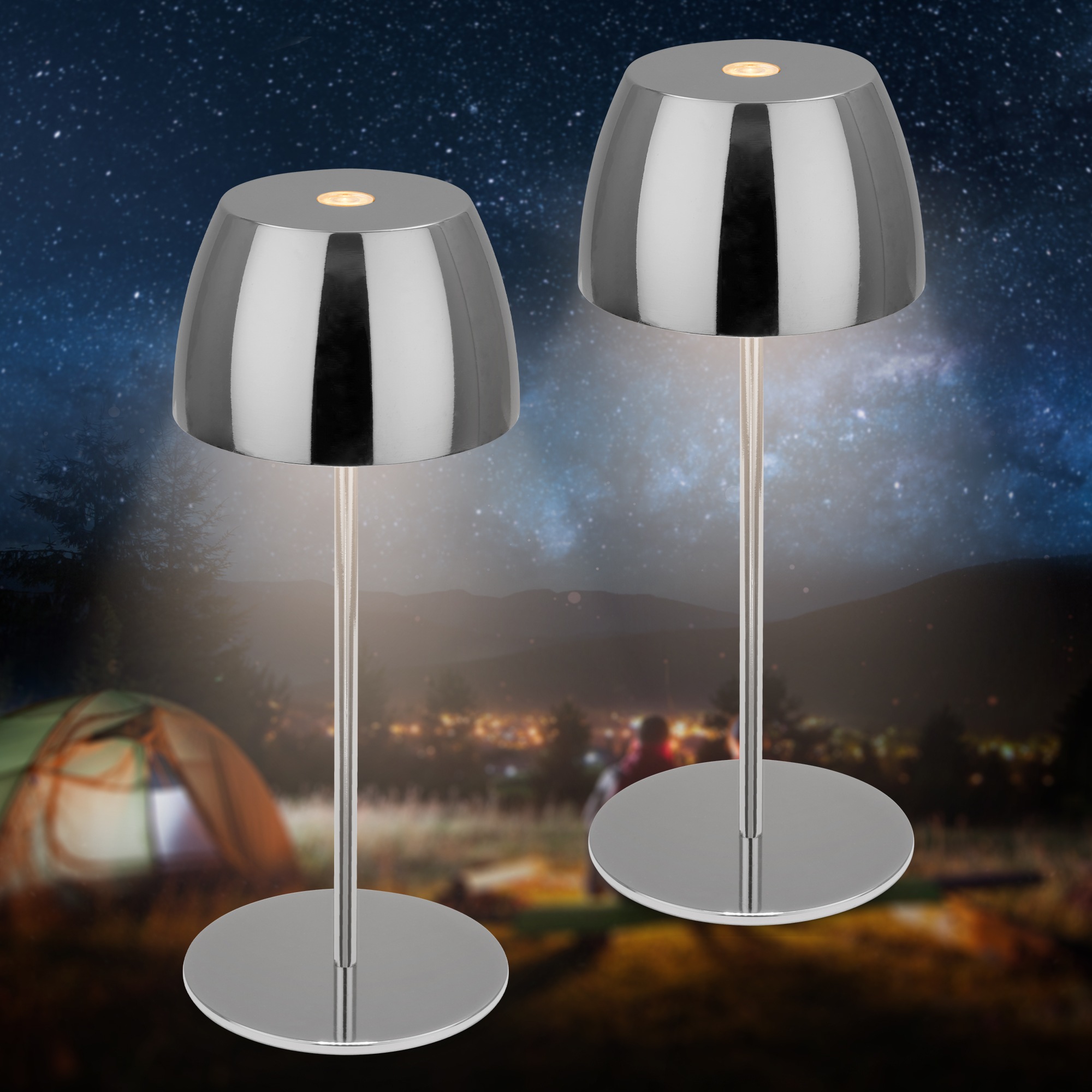 Briloner Leuchten LED Außen-Tischleuchte »SERINA MINI« LED-Modul 2 Stk. Warmweiß kabellos 20 x 8 cm Chromfarben 2,5W Wohnzimmer Schlafzimmer 2er-Set