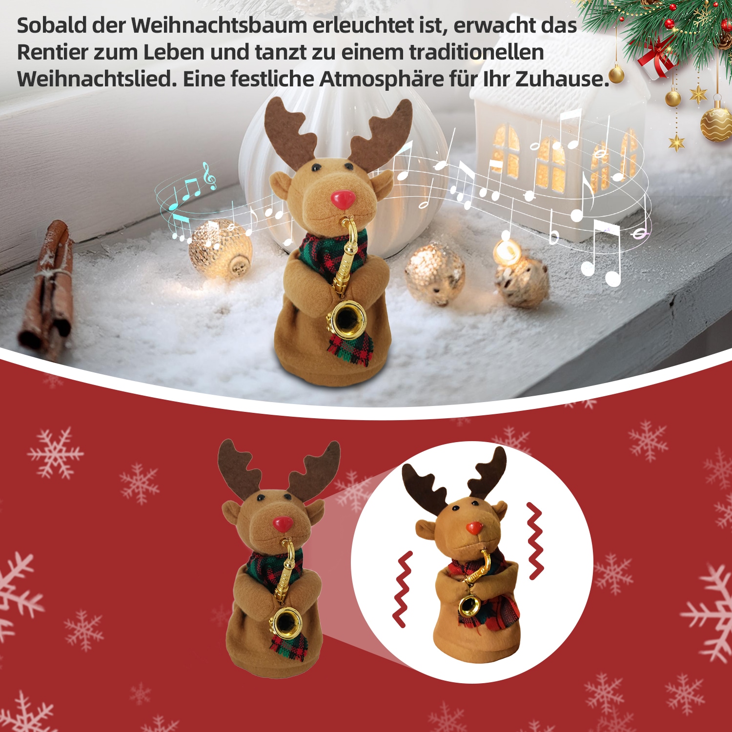 SHX Weihnachtsfigur »Tanzendes Rentier mit Trompete«, Bewegung, traditionelles Weihnachtslied